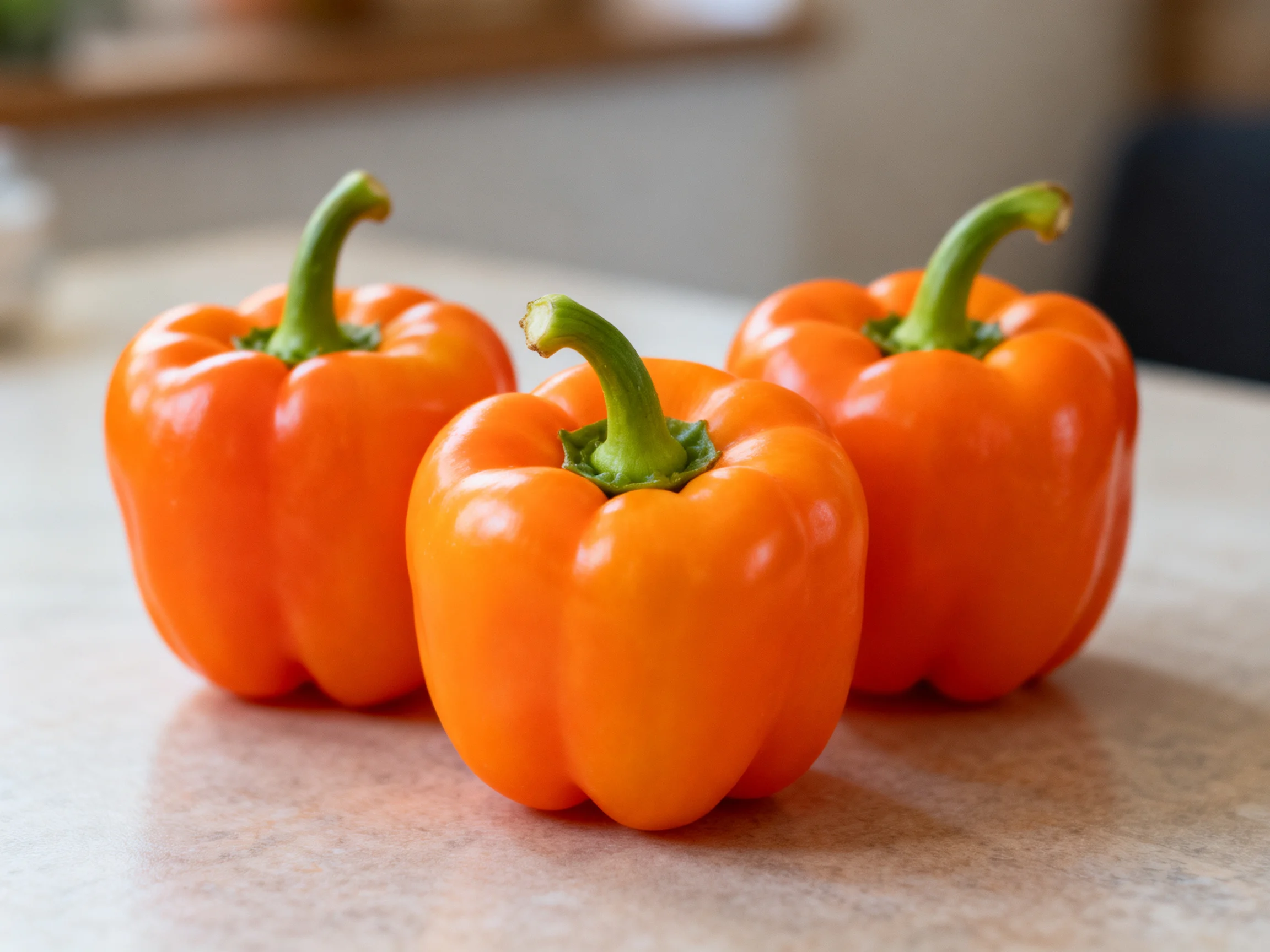 Three glossy orange bell peppers arranged on a countertop