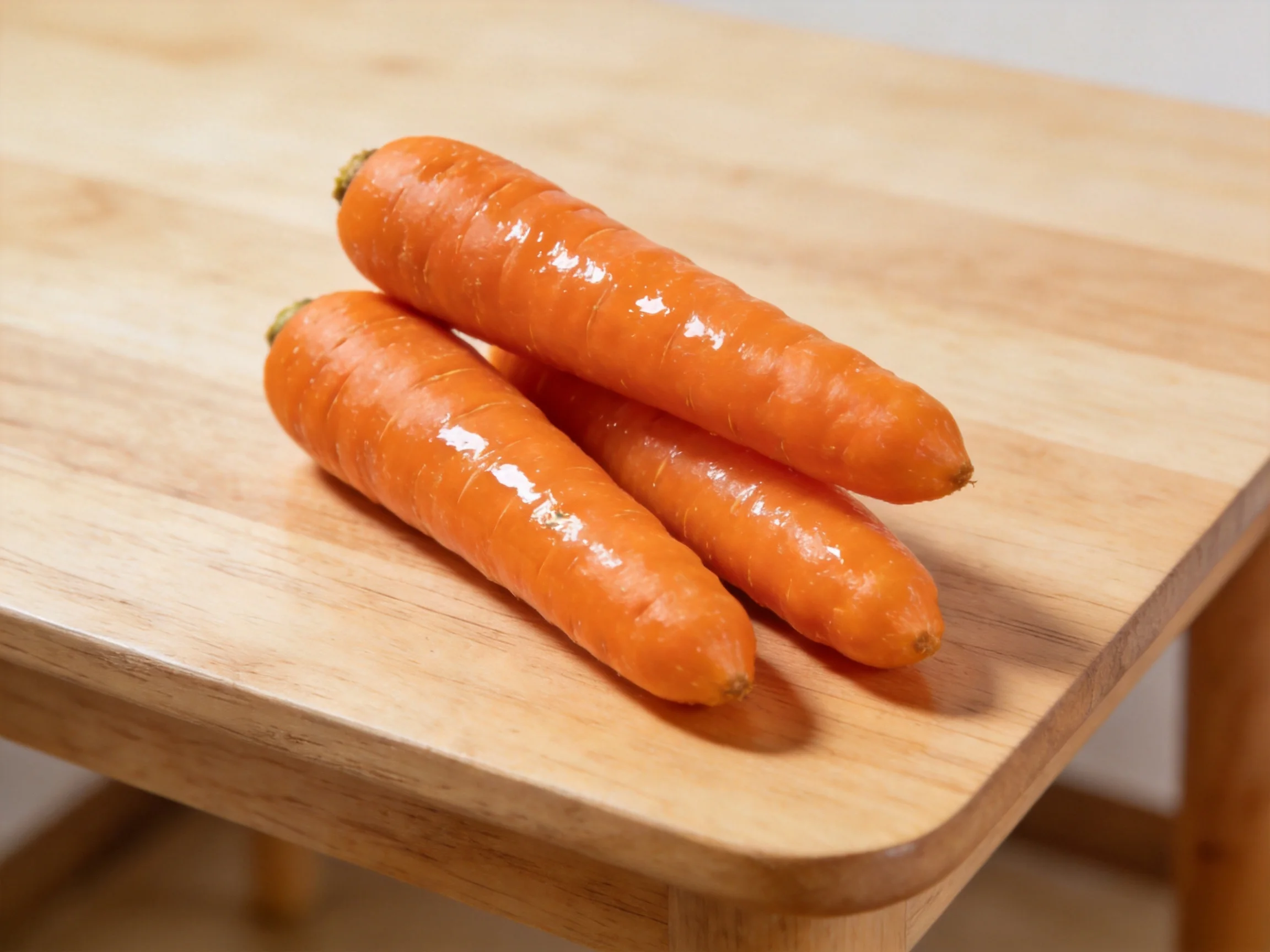 Three glossy orange carrots sit atop a smooth wooden cutting board