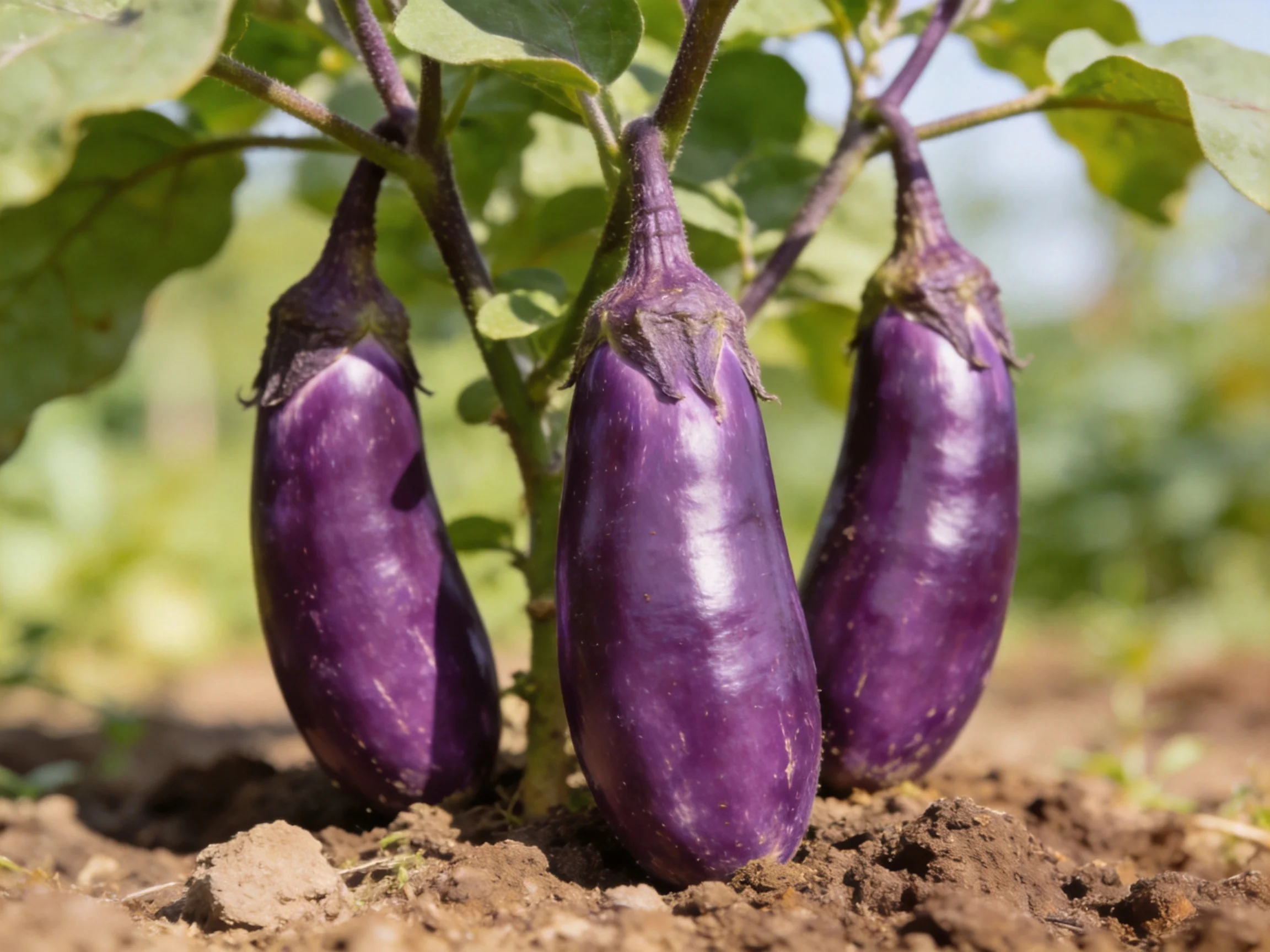 Three glossy purple eggplants growing on a leafy plant near rich brown soil