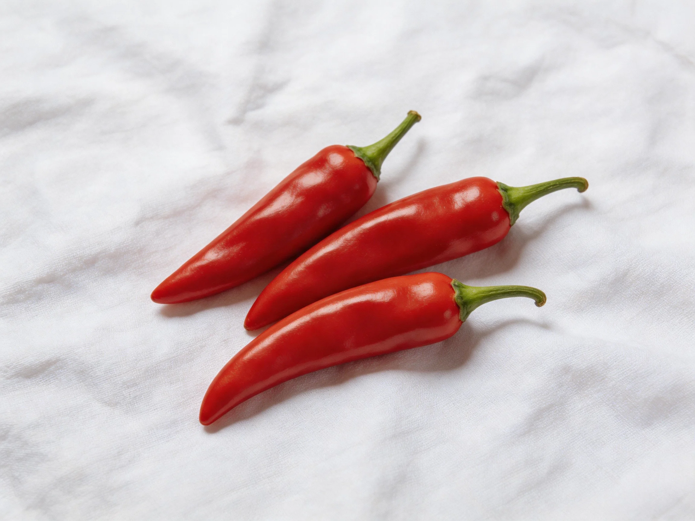 Three glossy red chili peppers arranged on a white cloth surface