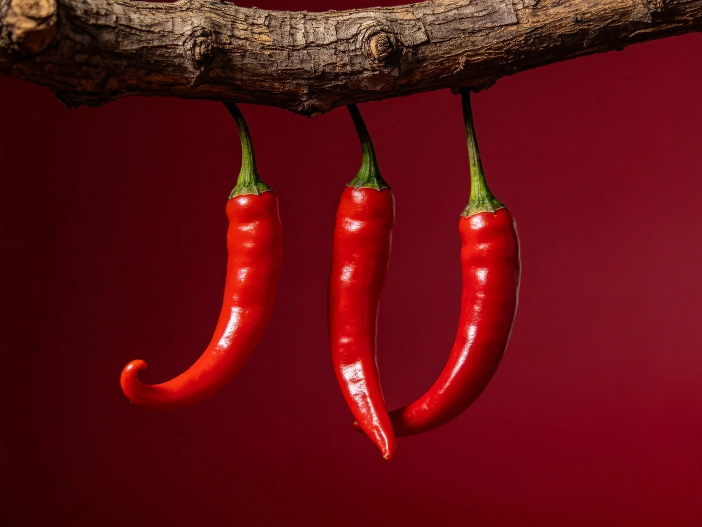 Three glossy red chili peppers hang from a gnarled wooden branch