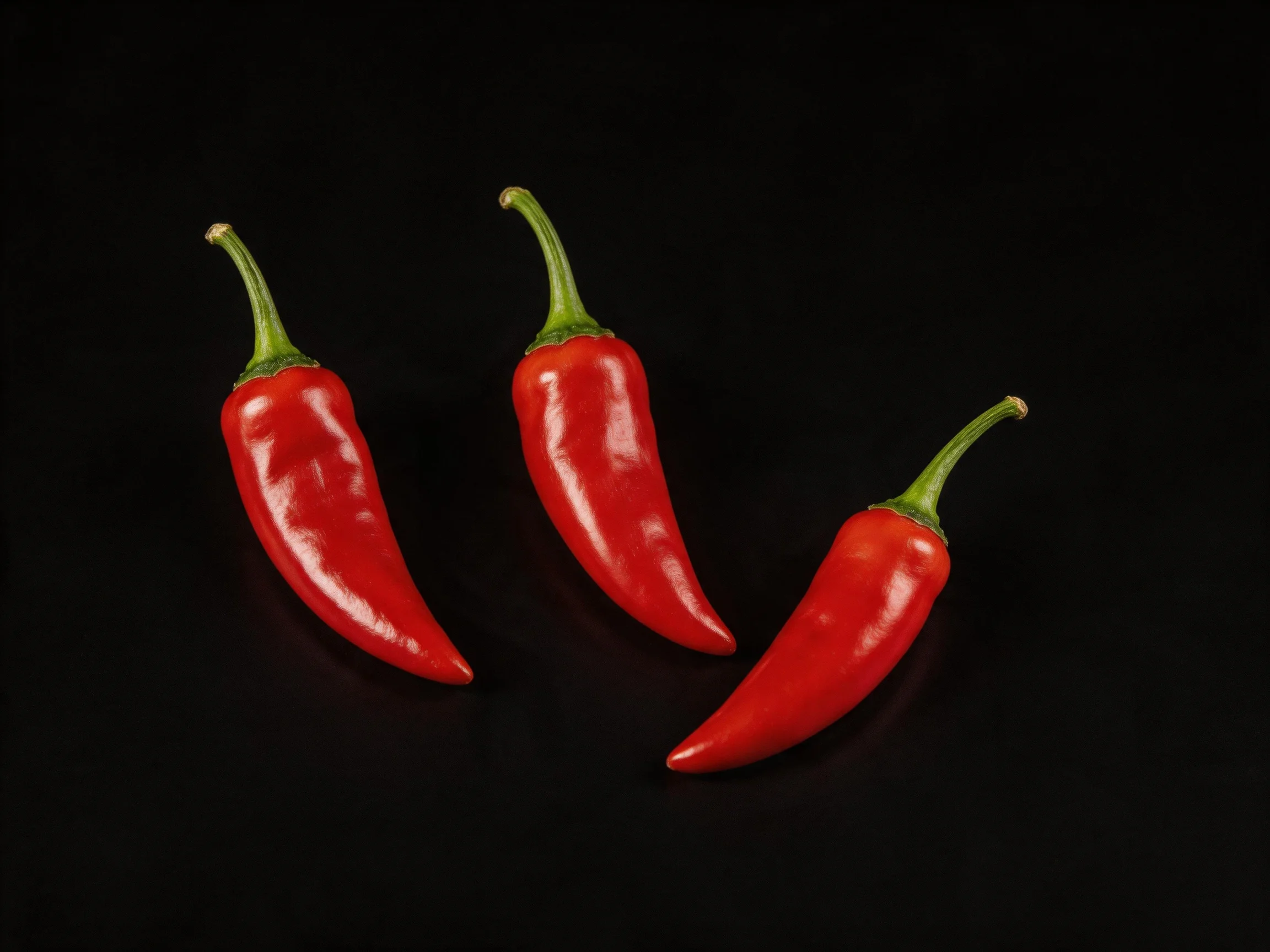 Three glossy red chili peppers on a black background