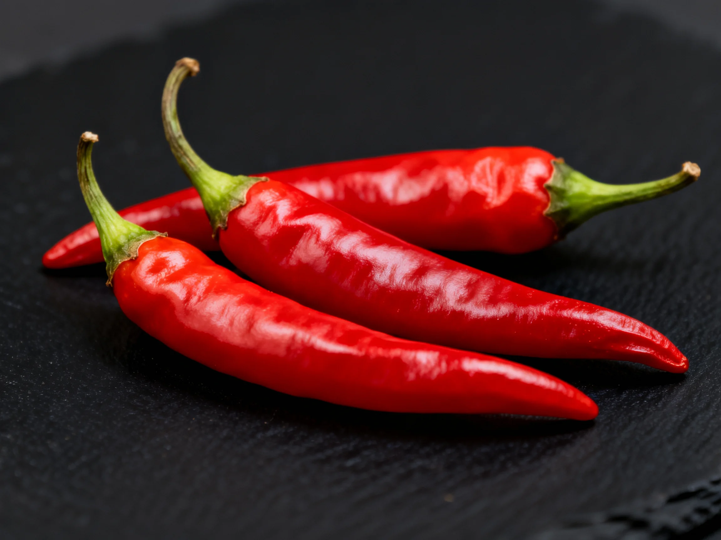 Three glossy red chili peppers rest on a dark slate surface