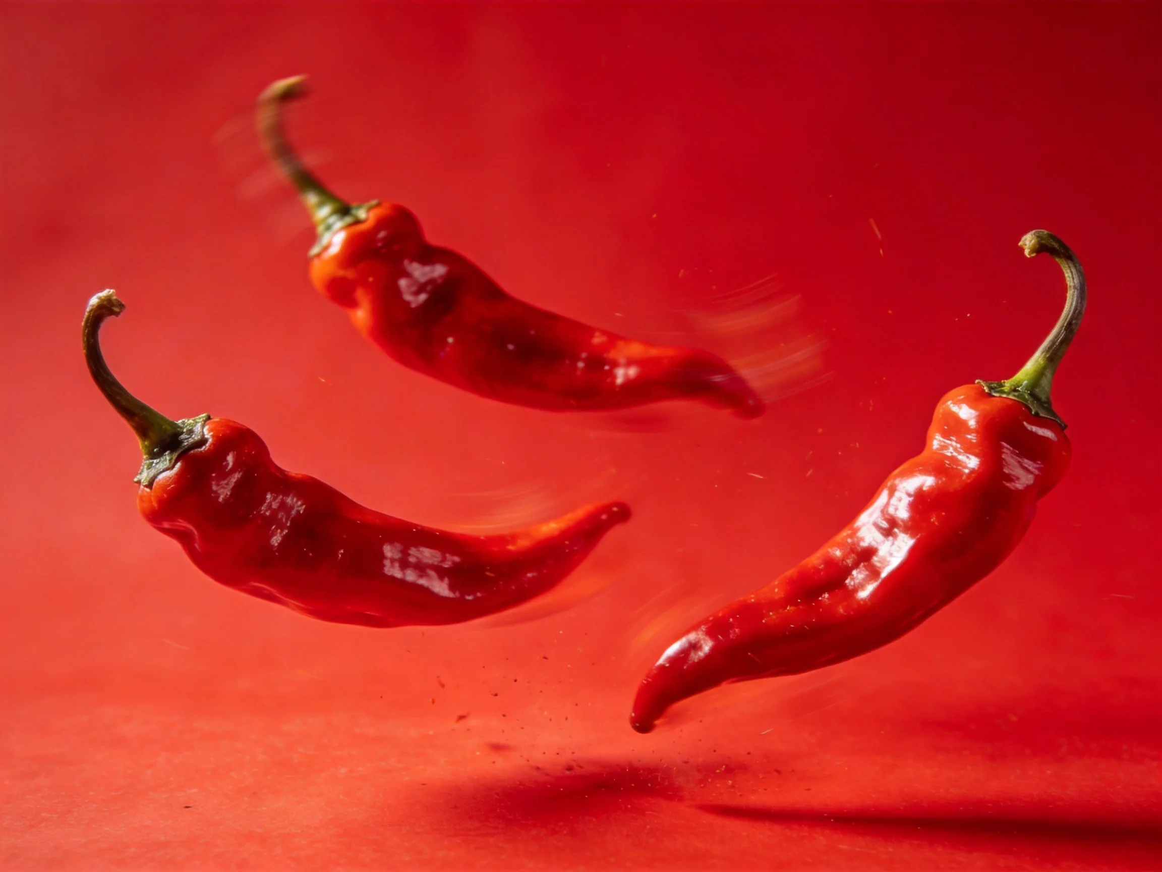 Three glossy red chili peppers suspended mid-air on a solid red backdrop