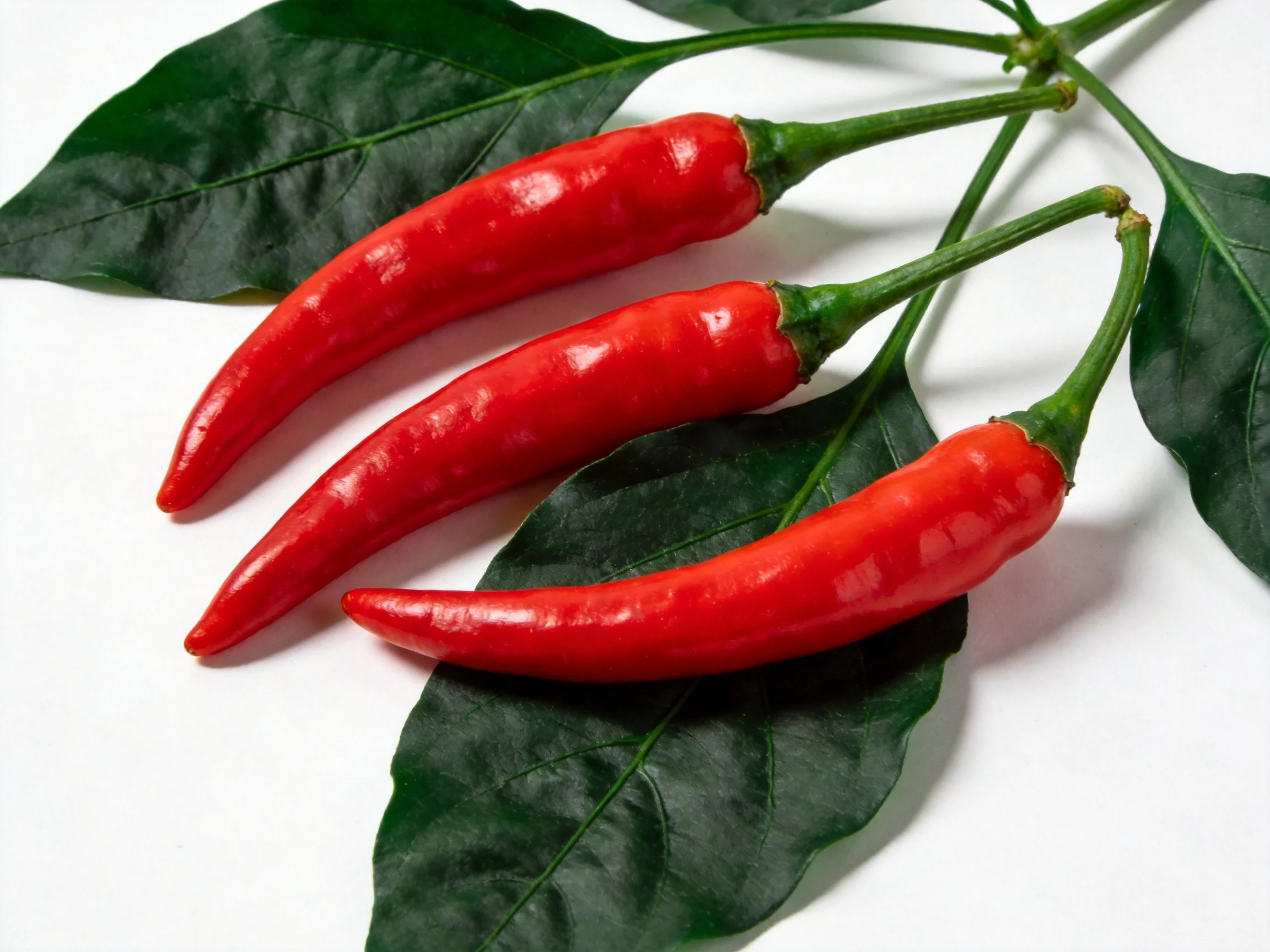 Three glossy red chili peppers with dark green leaves on a white surface