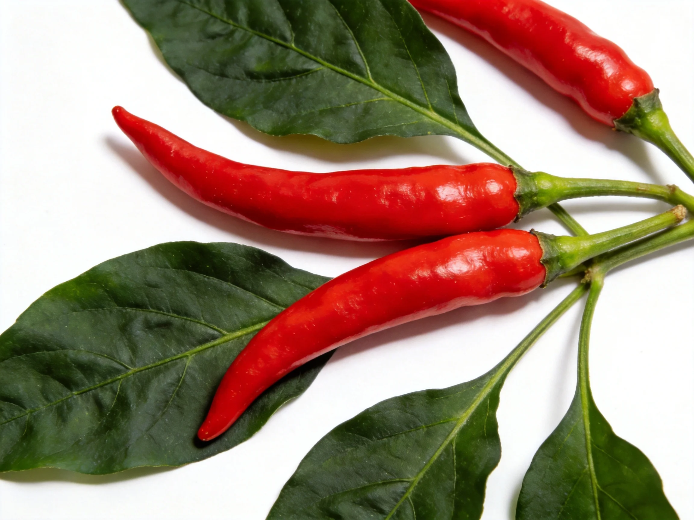 Three glossy red chili peppers with large dark green leaves