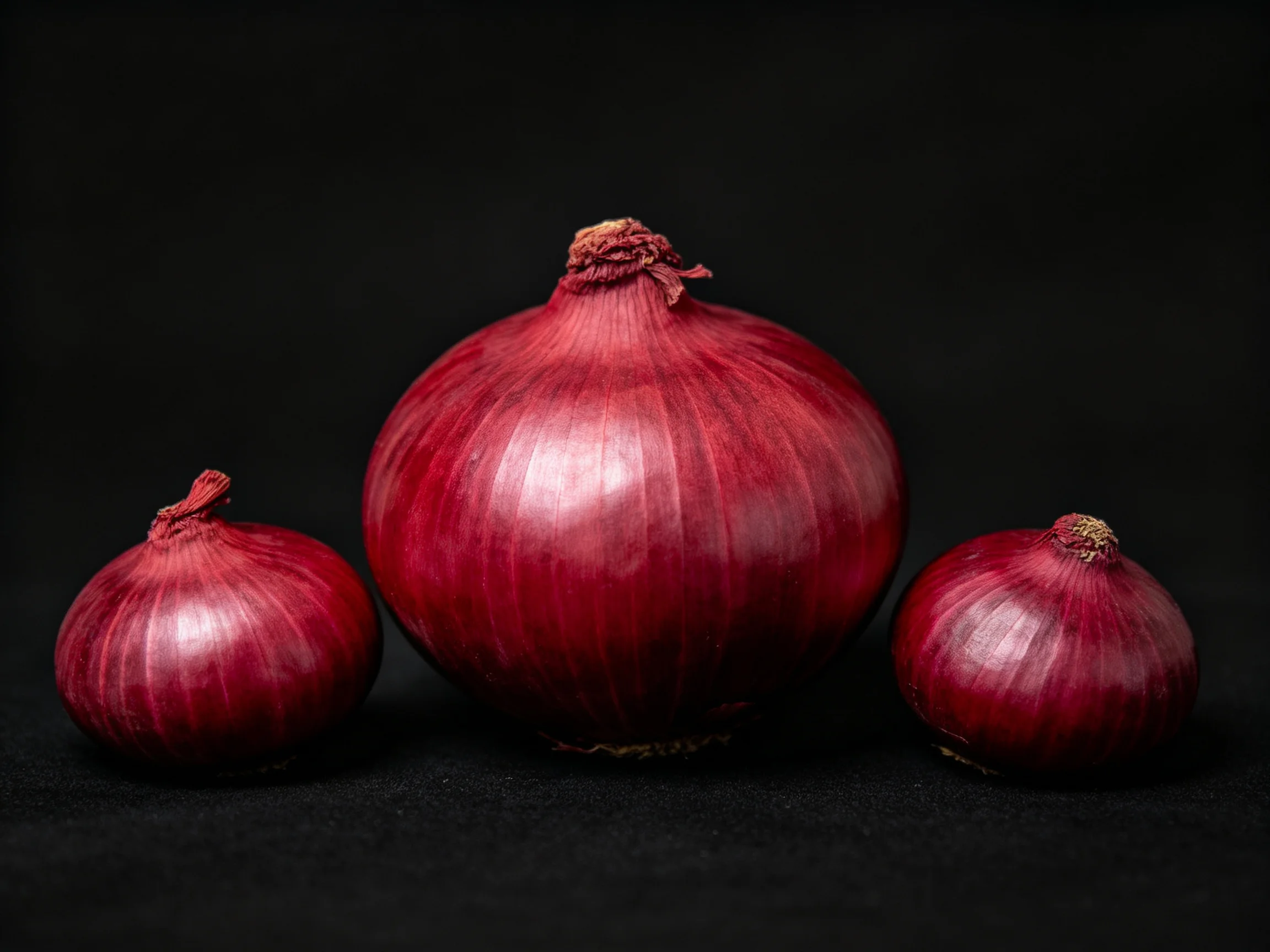 Three glossy red onions against a black backdrop