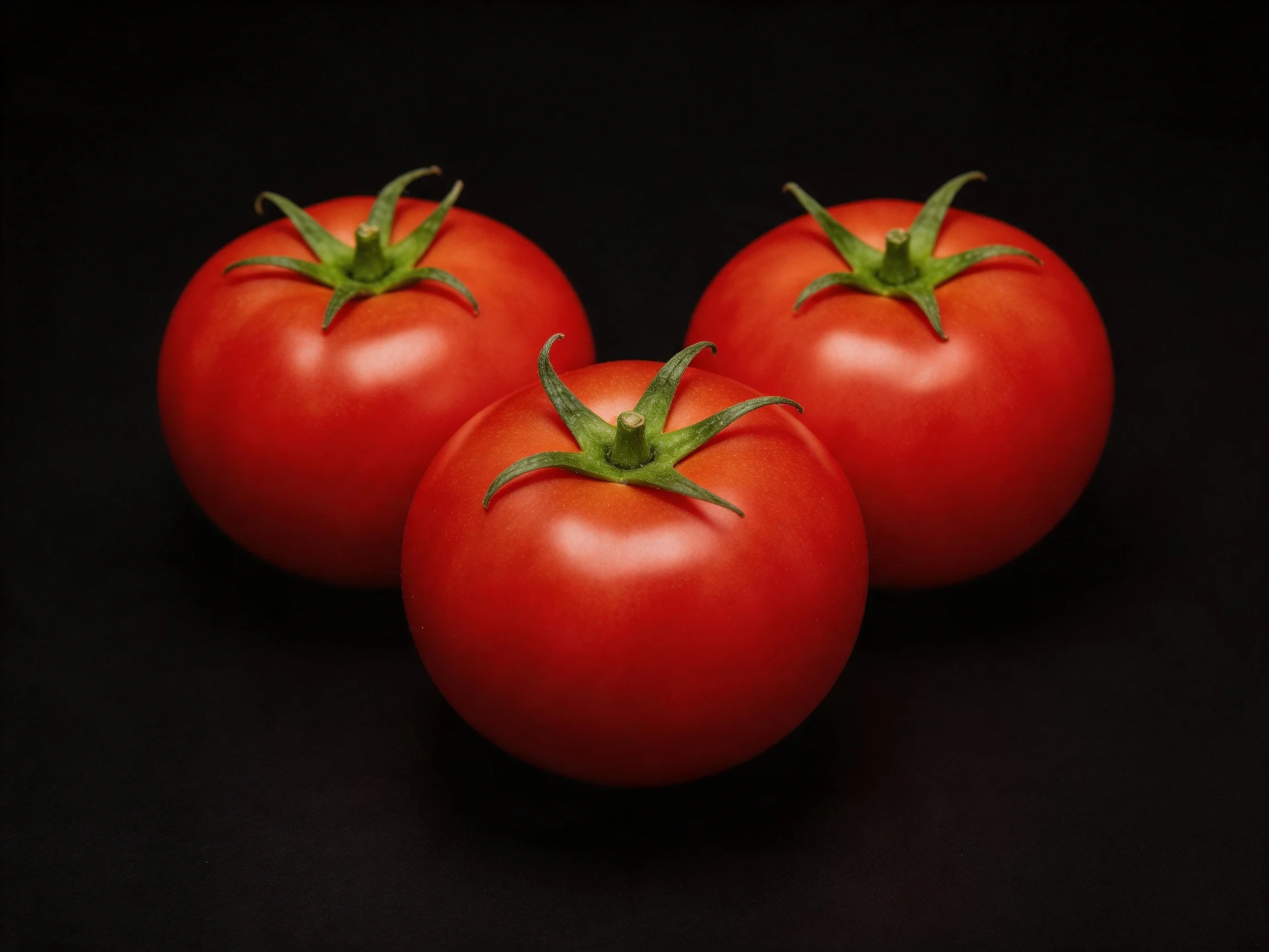 Three glossy red tomatoes with green stems on a black background