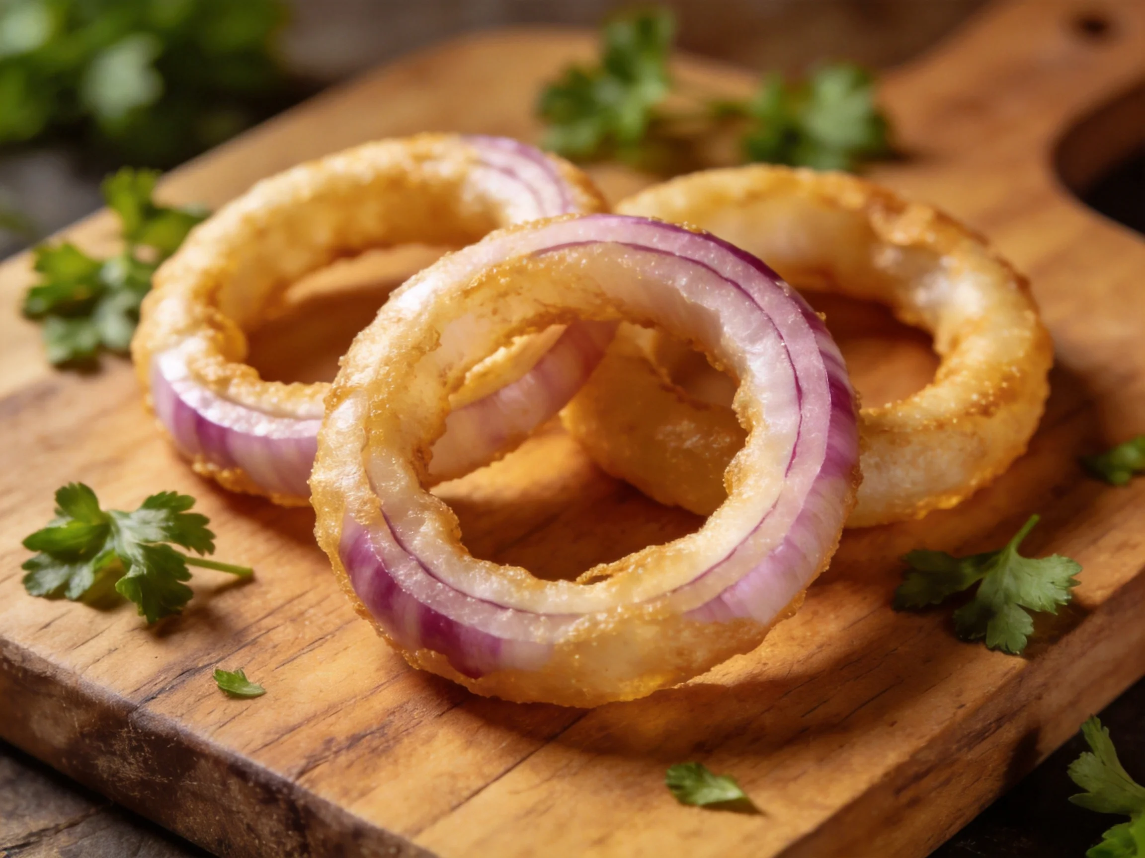 Three golden-brown fried onion rings with purple centers on a wooden cutting board