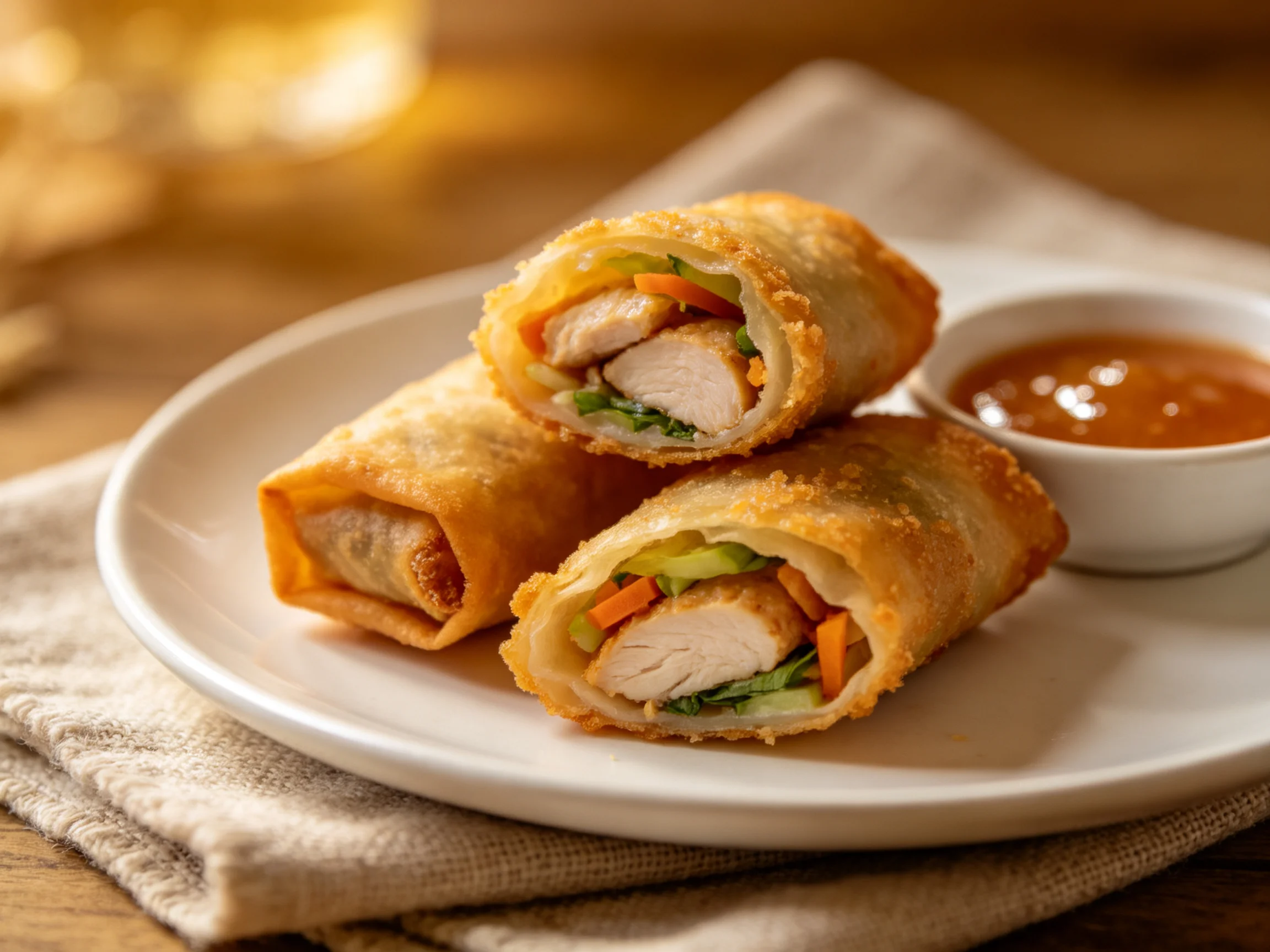 Three golden-brown fried spring rolls with chicken and vegetables served with dipping sauce