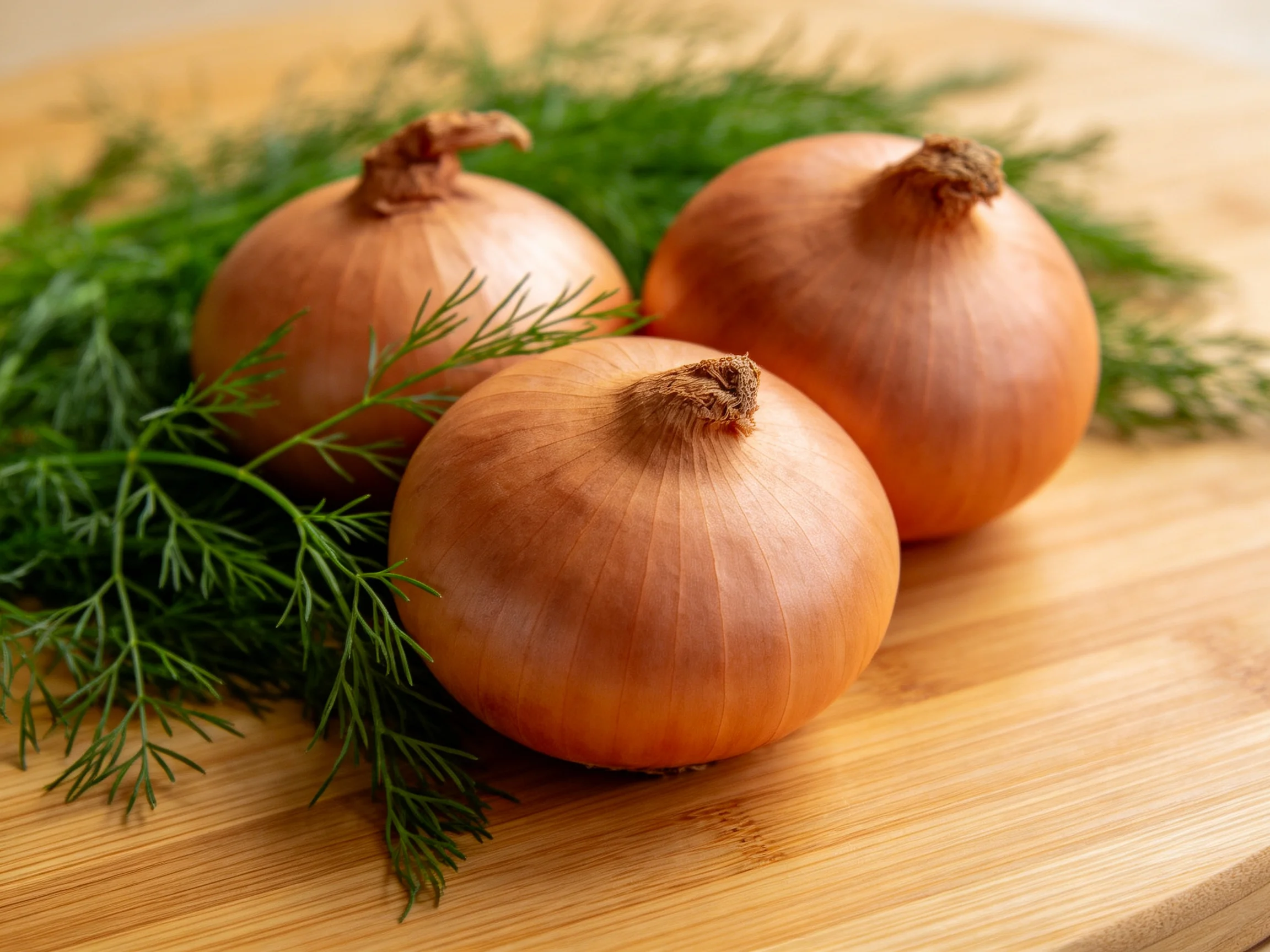 Three golden-brown onions among fresh green herbs on a wooden board