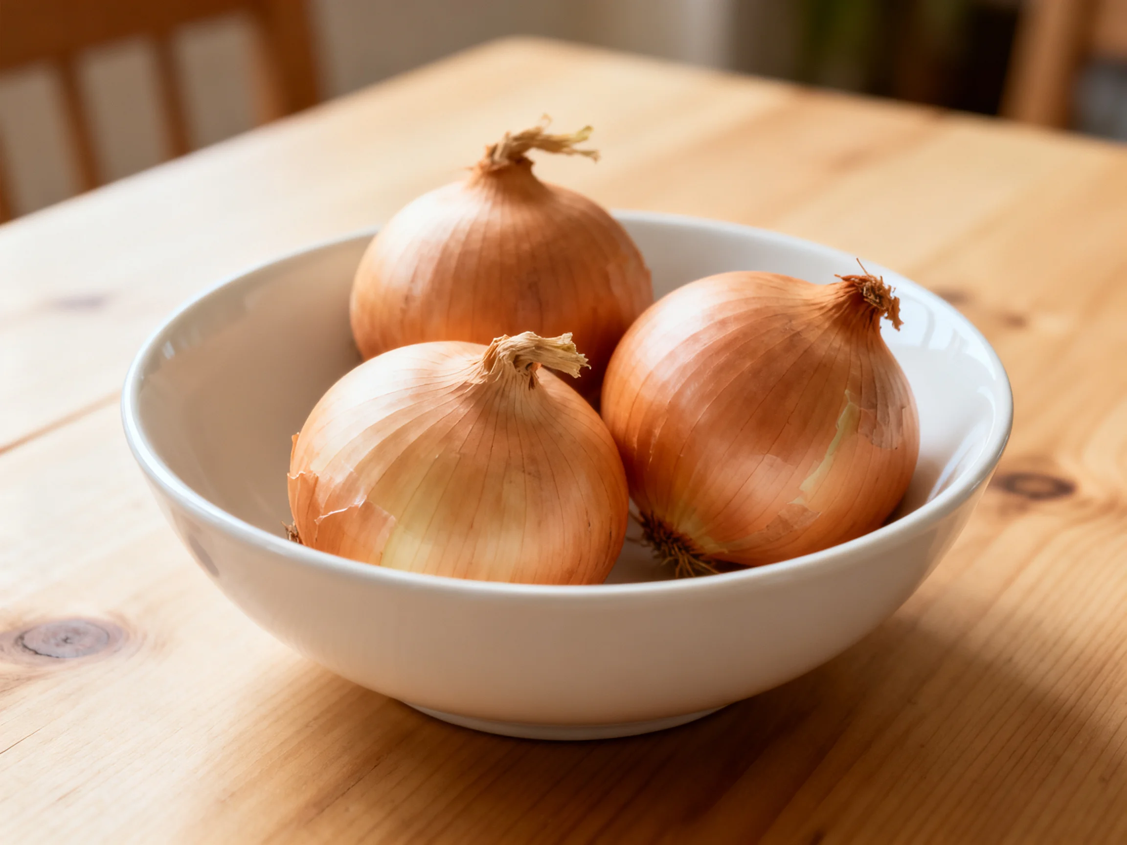 Three golden-brown onions in a white ceramic bowl on a wooden surface