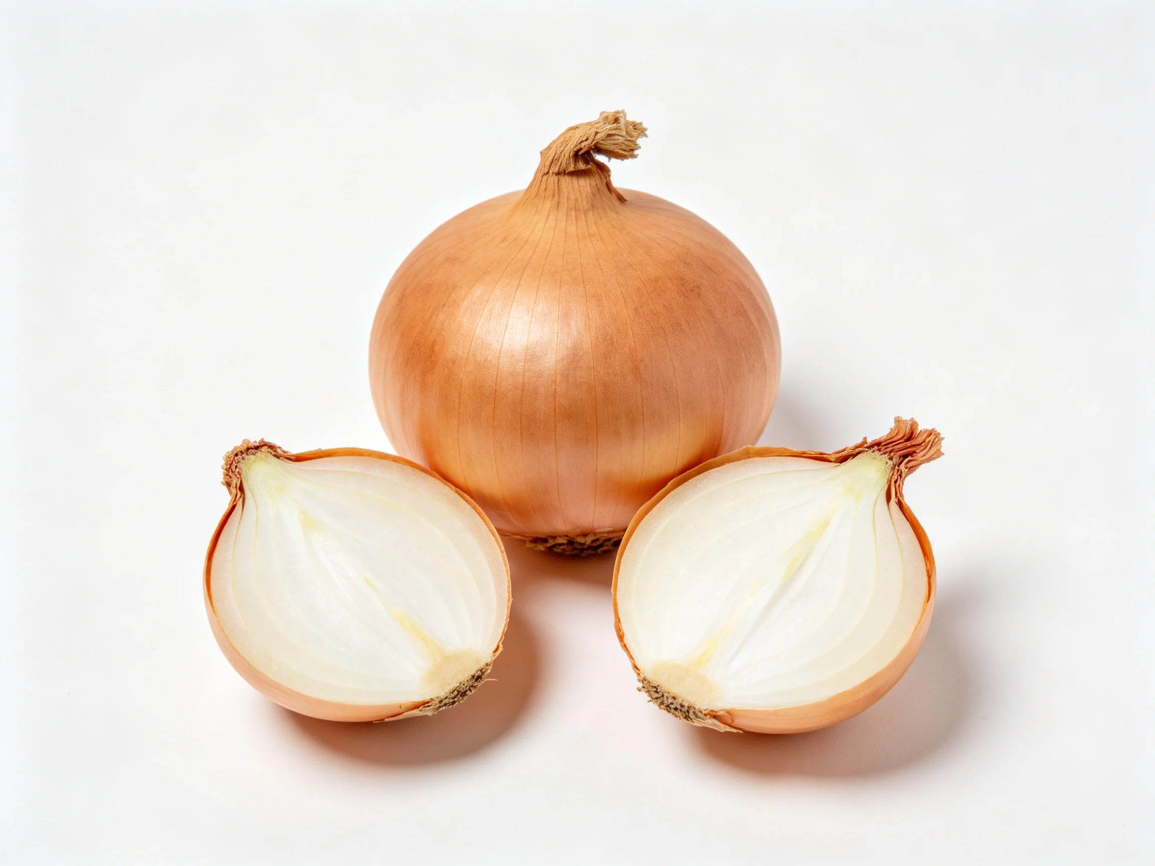 Three golden-brown onions: one whole, two halved