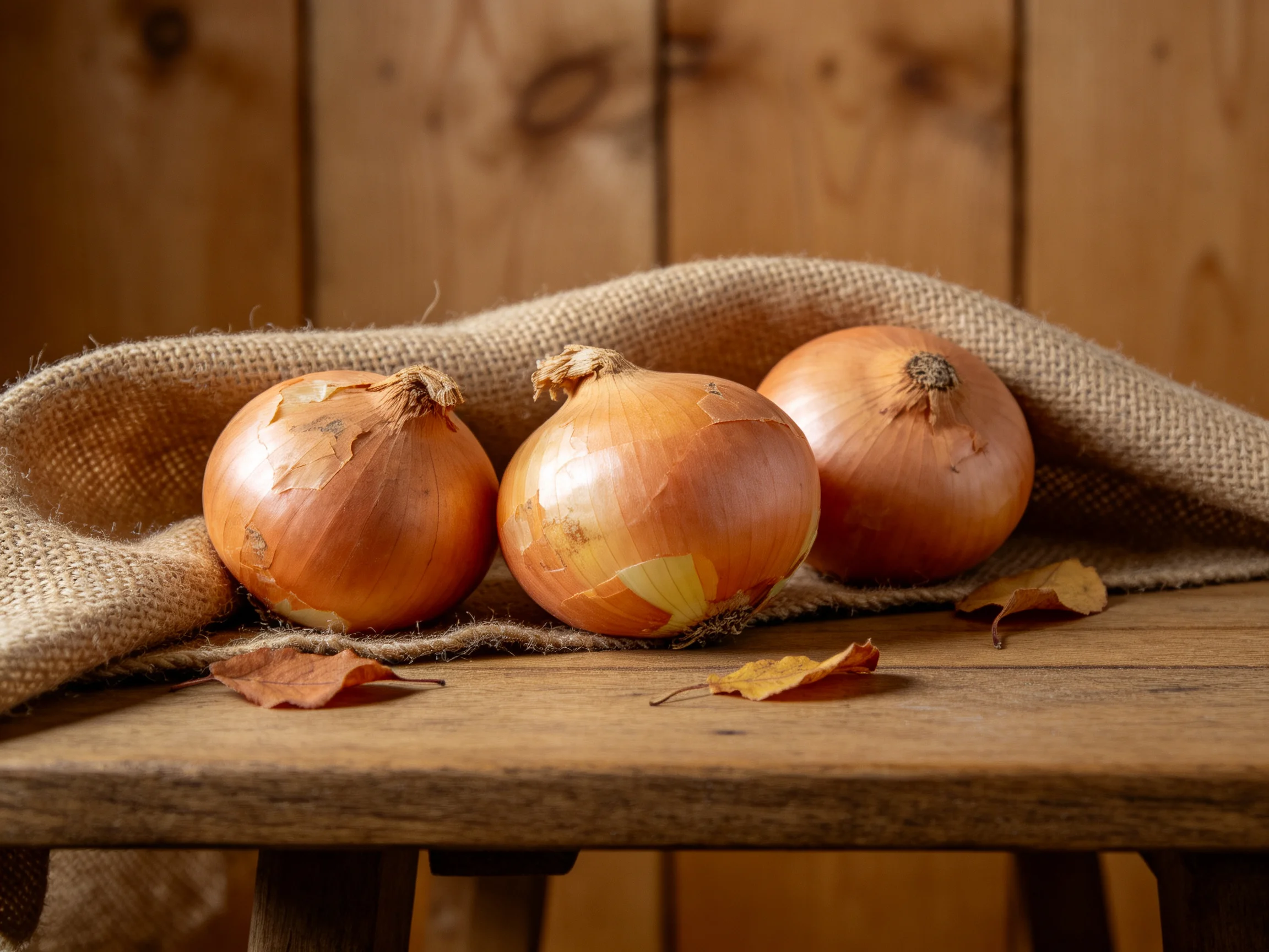 Three golden-brown onions rest on burlap fabric atop a rustic wooden table with fallen leaves