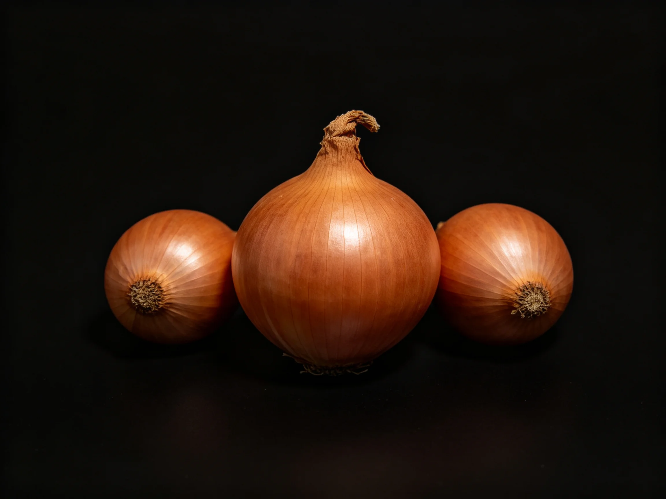 Three golden-brown onions symmetrically arranged on a black background