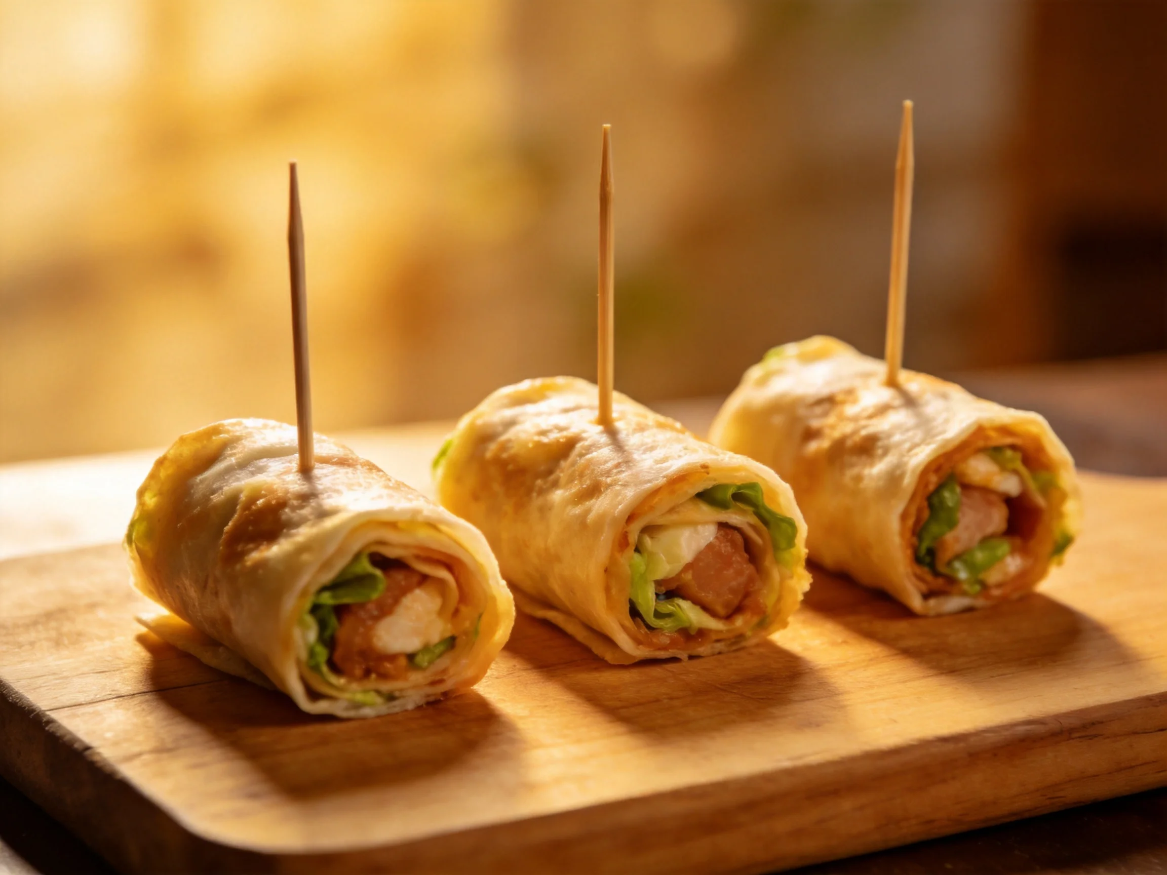 Three golden-brown rolled appetizers with toothpicks on a wooden board