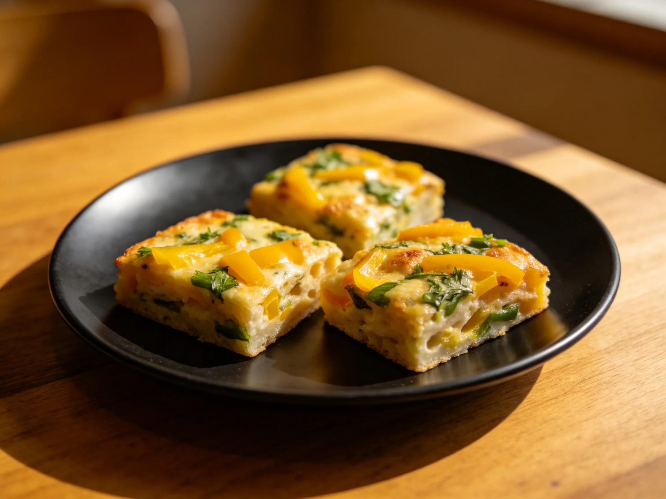 Three golden-brown vegetable squares with yellow peppers on a black plate