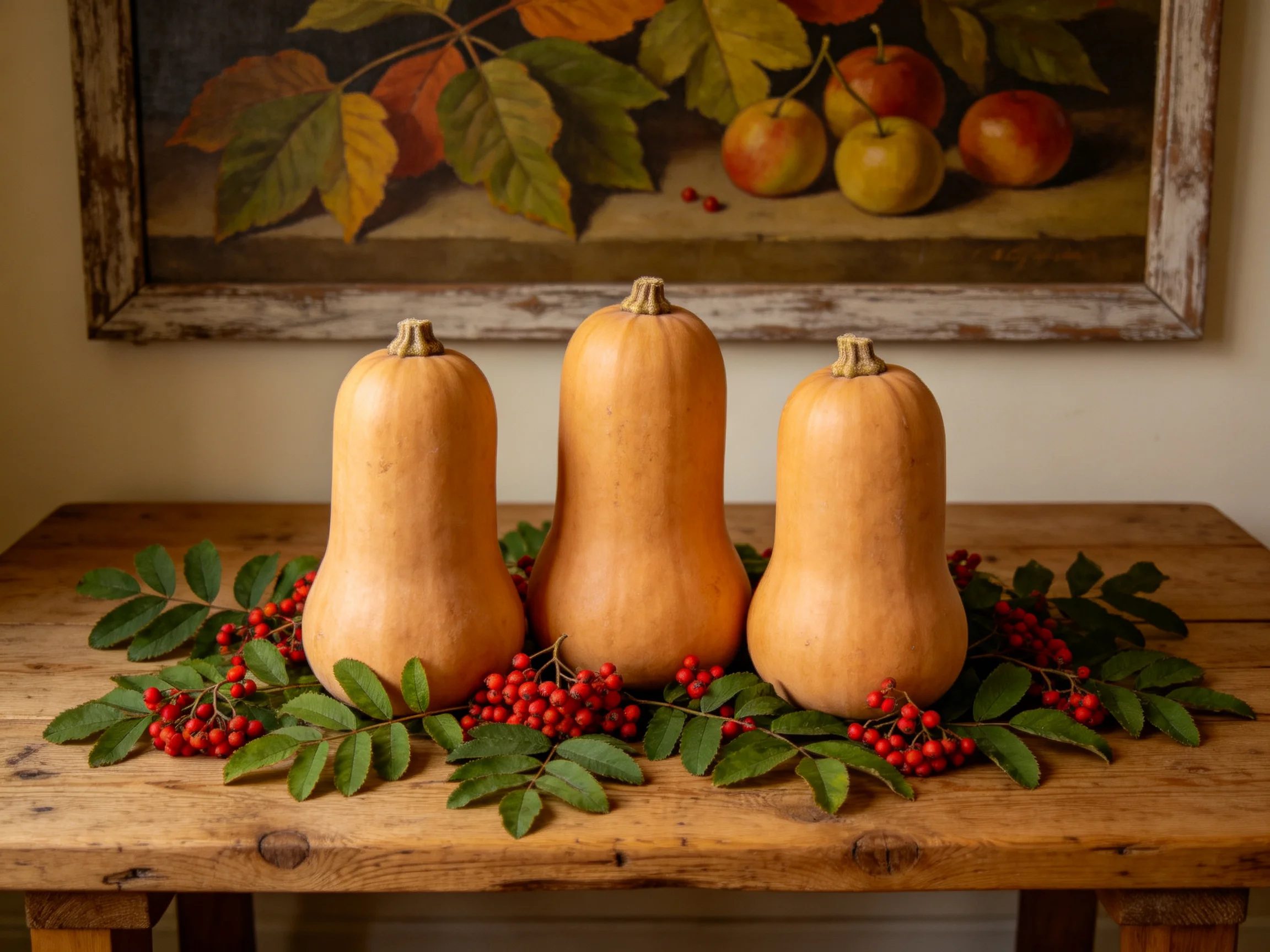 Three golden butternut squashes arranged on a rustic wooden table with autumn leaves and red berries