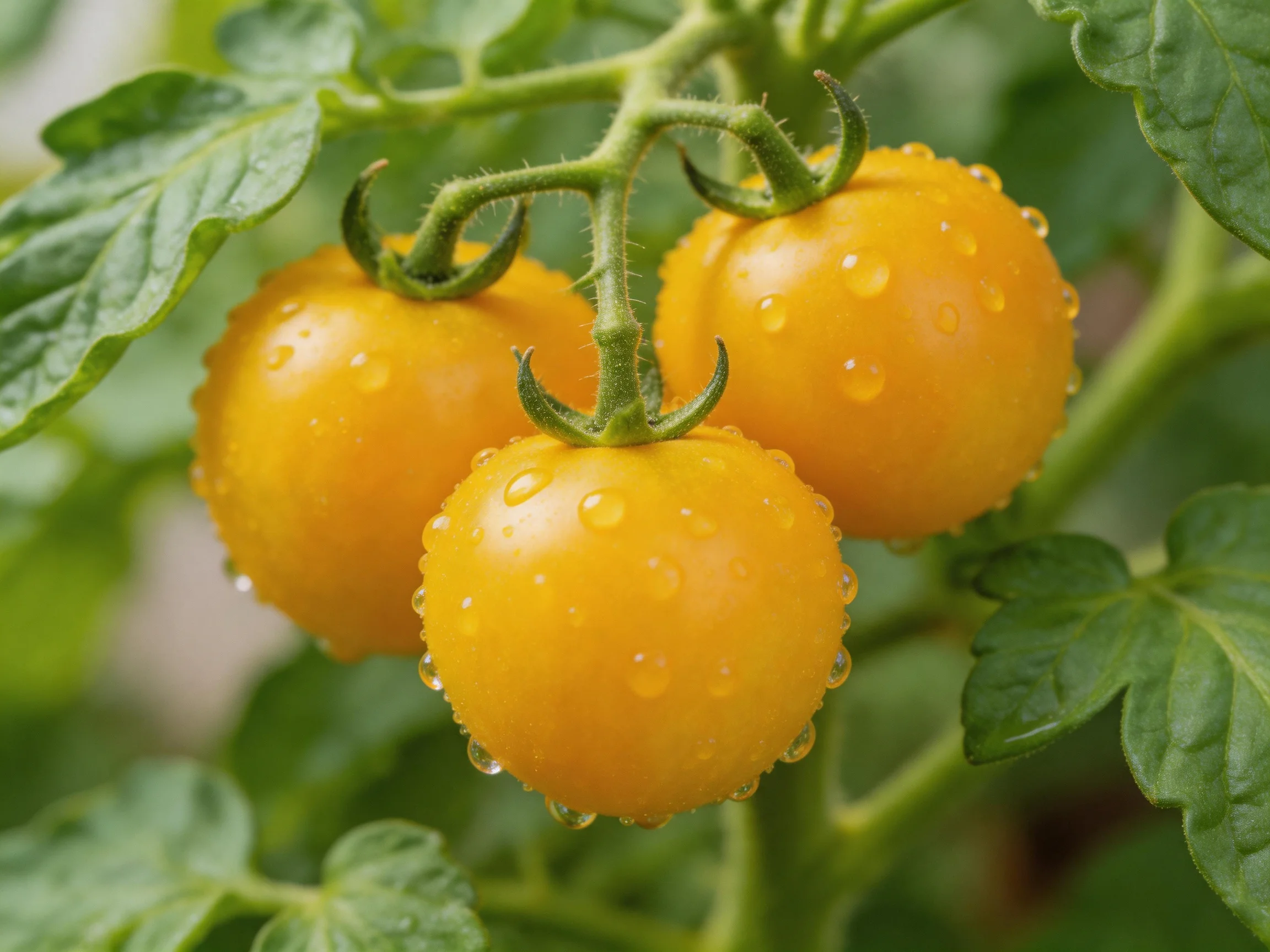 Three golden cherry tomatoes with dewdrops on a leafy vine