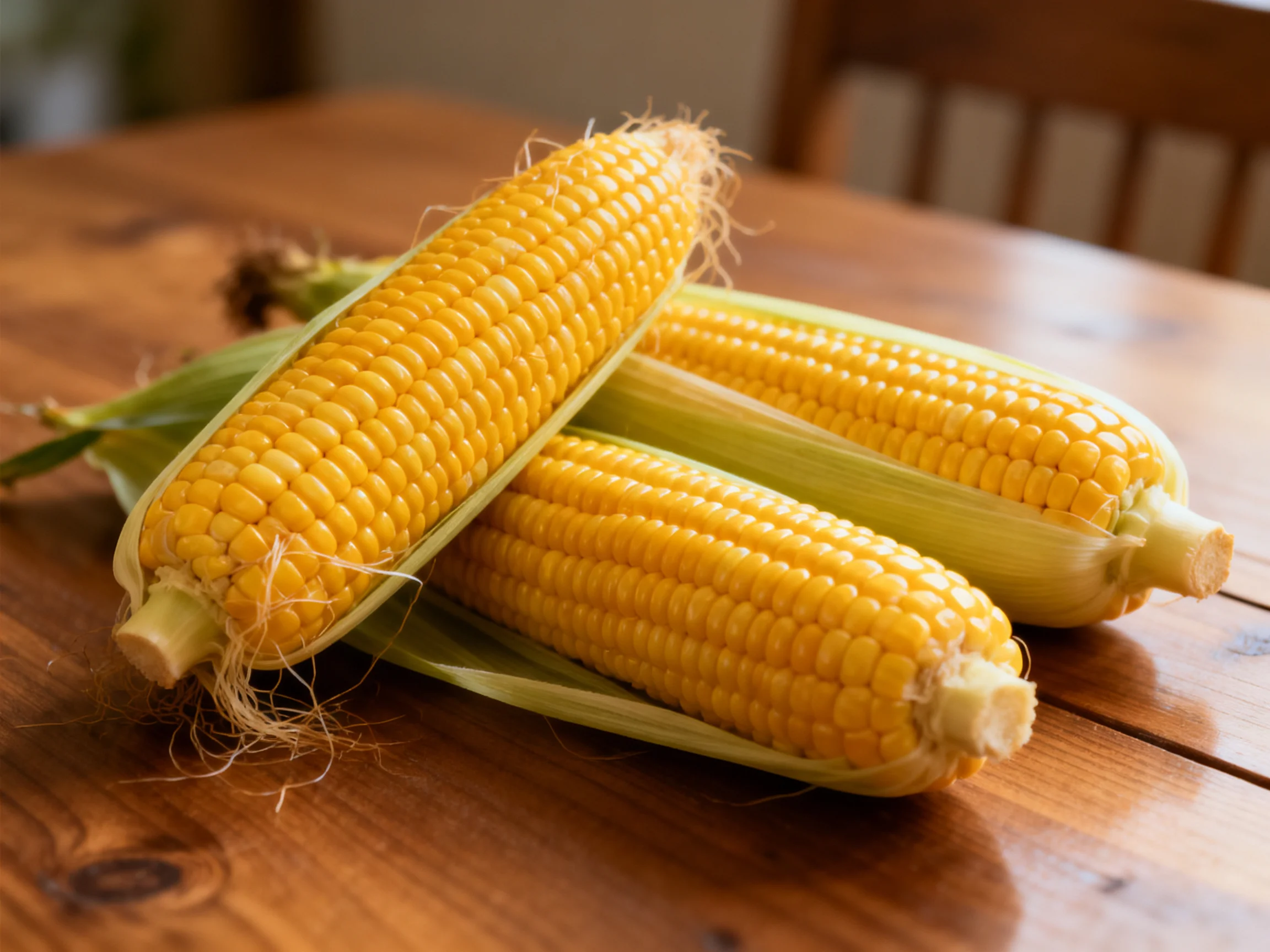 Three golden corn cobs rest on a polished wooden table