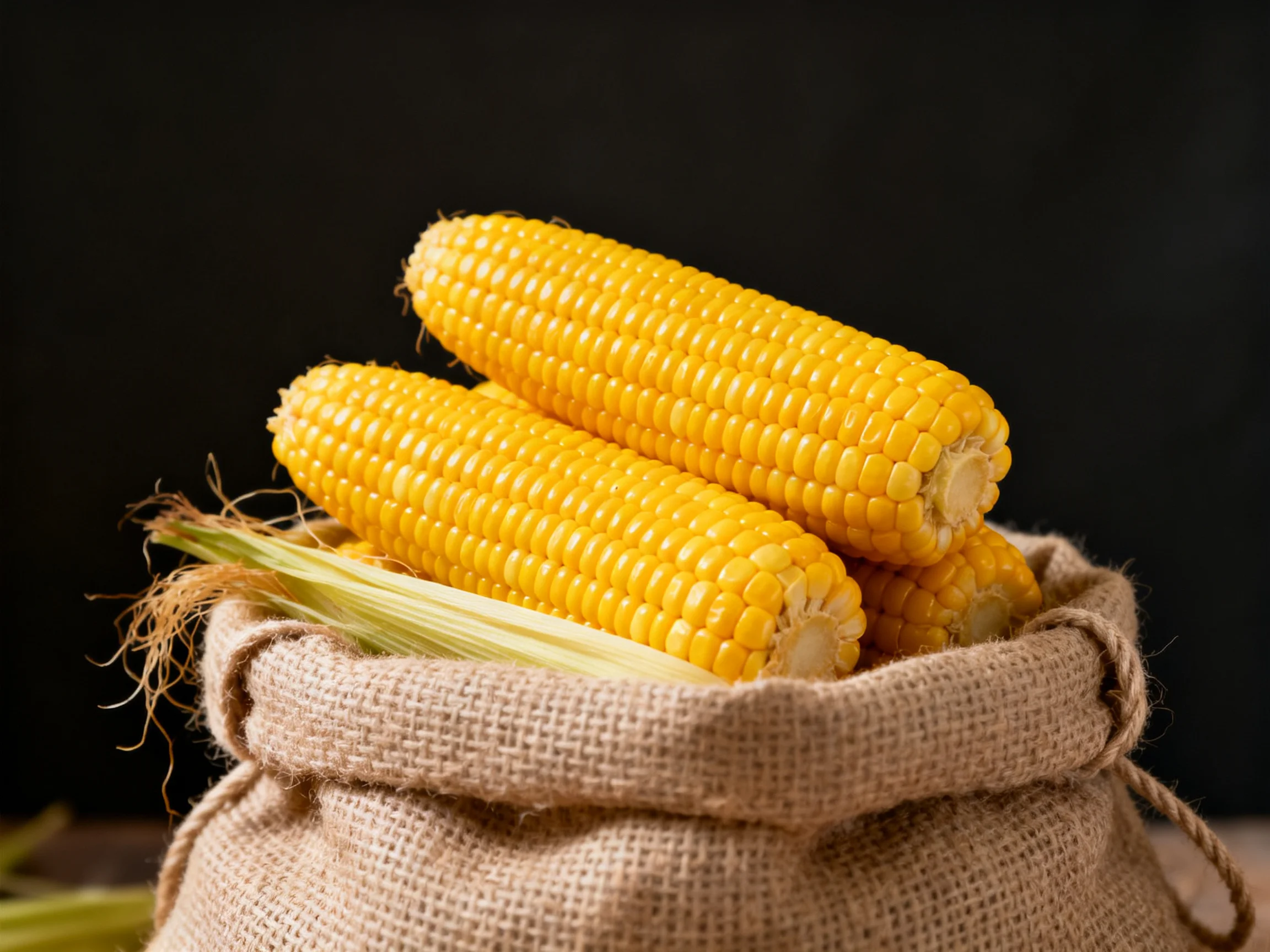 Three golden corn cobs stacked in a burlap sack
