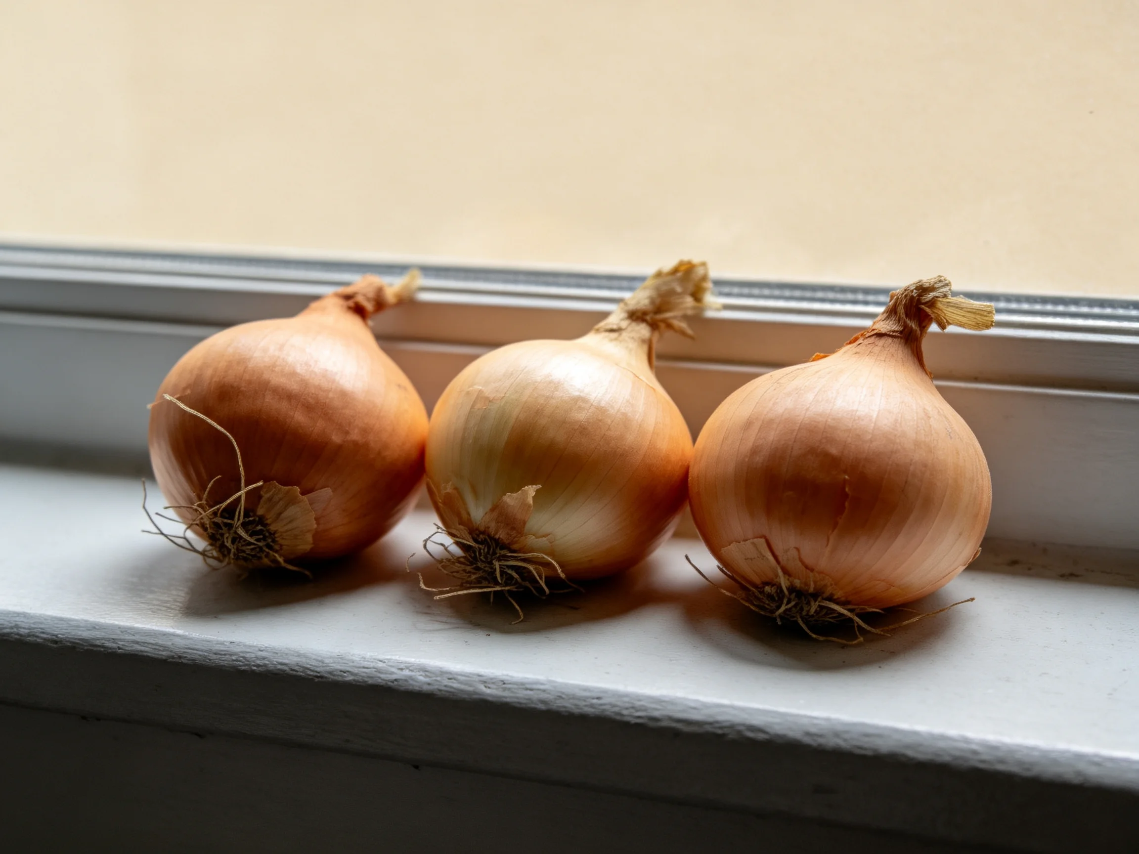 Three golden-hued onions sit on a white windowsill beside a window.
