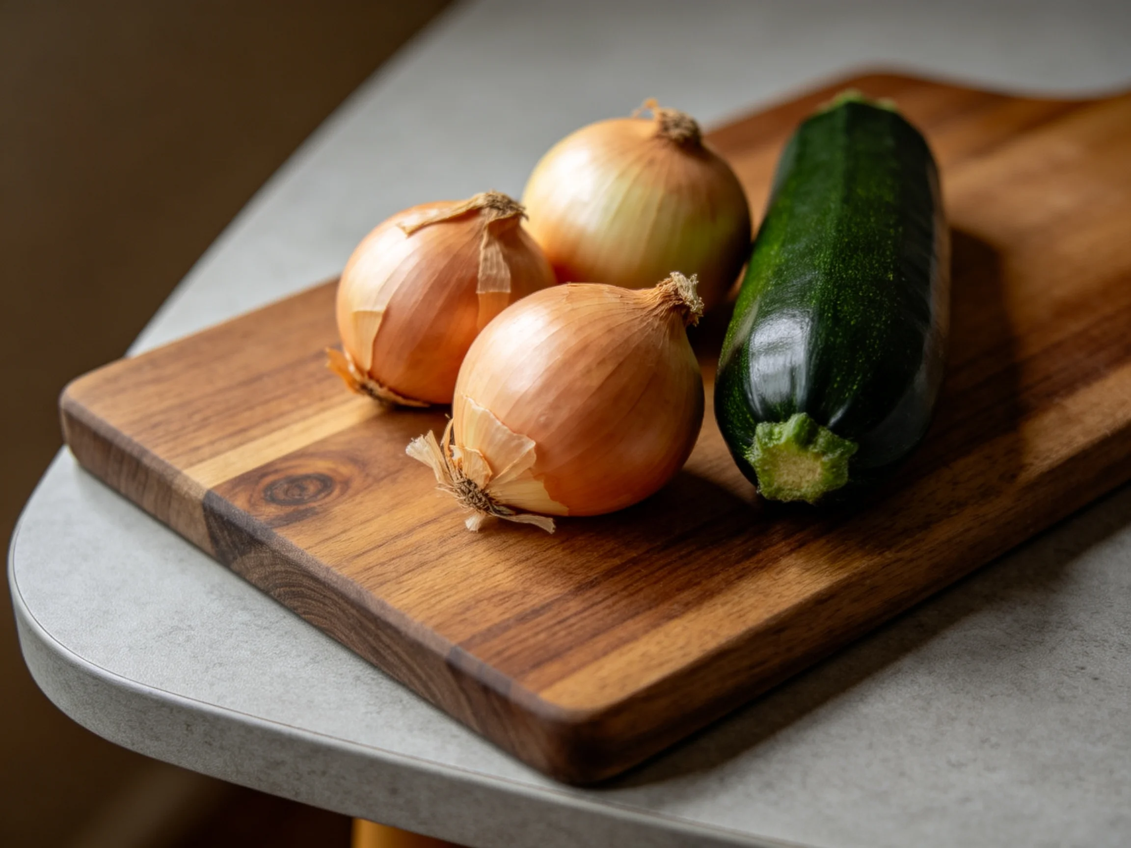 Three golden onions and a dark green zucchini rest on a wooden cutting board