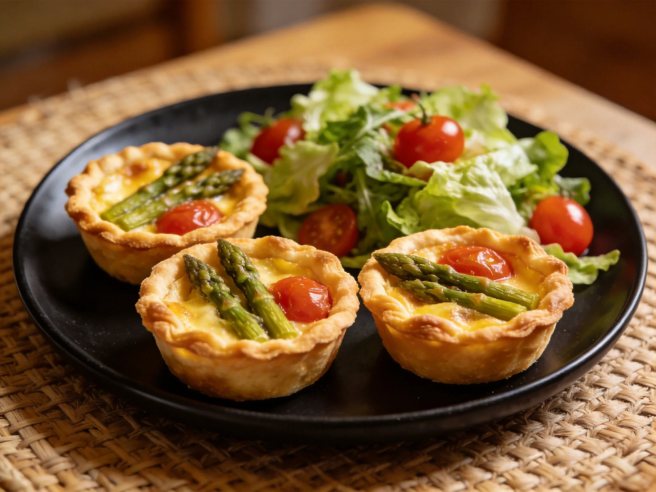 Three golden tartlets with asparagus and cherry tomatoes beside mixed greens salad