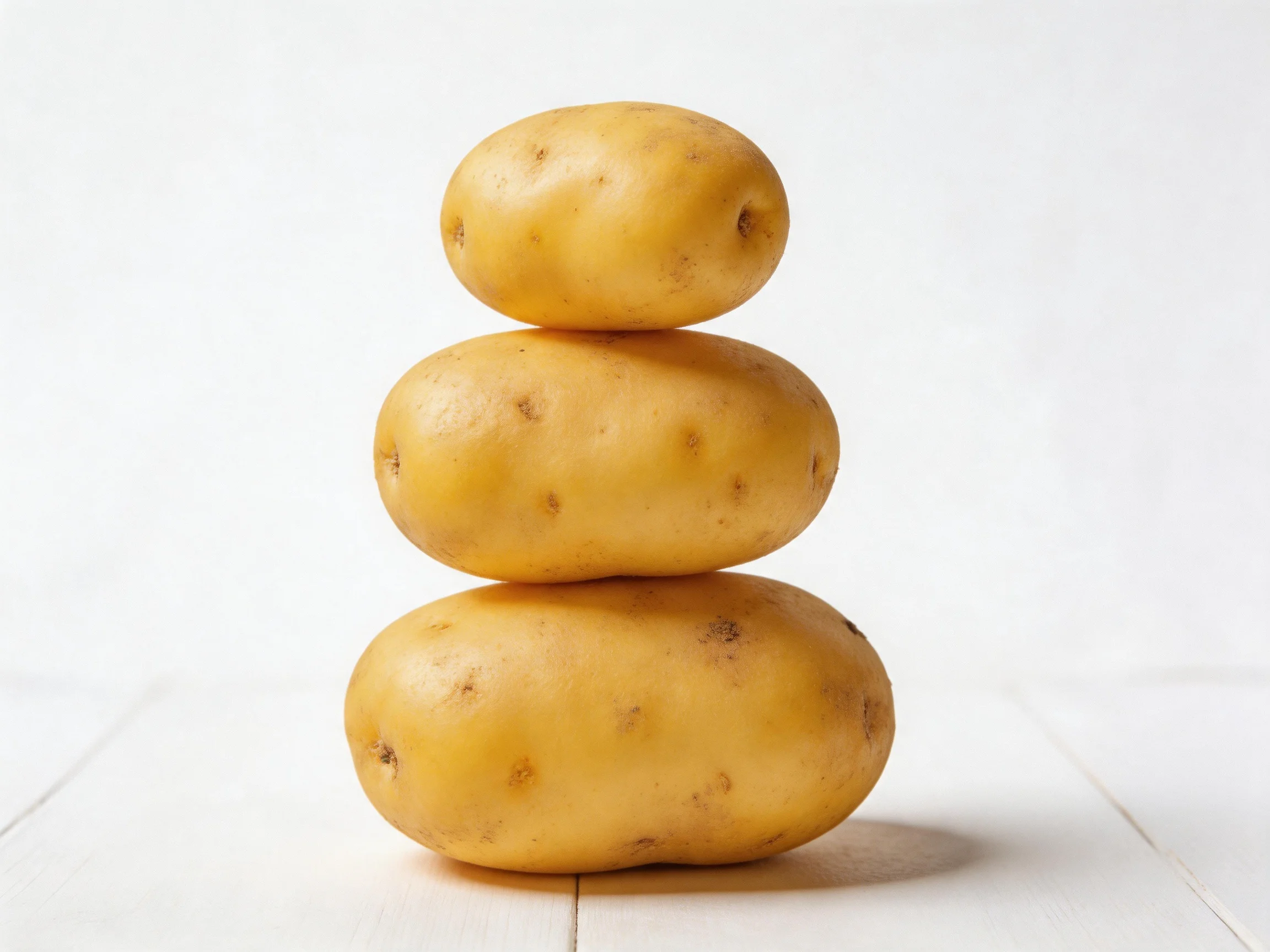 Three yellow potatoes of varying sizes are stacked vertically on a white wooden surface.