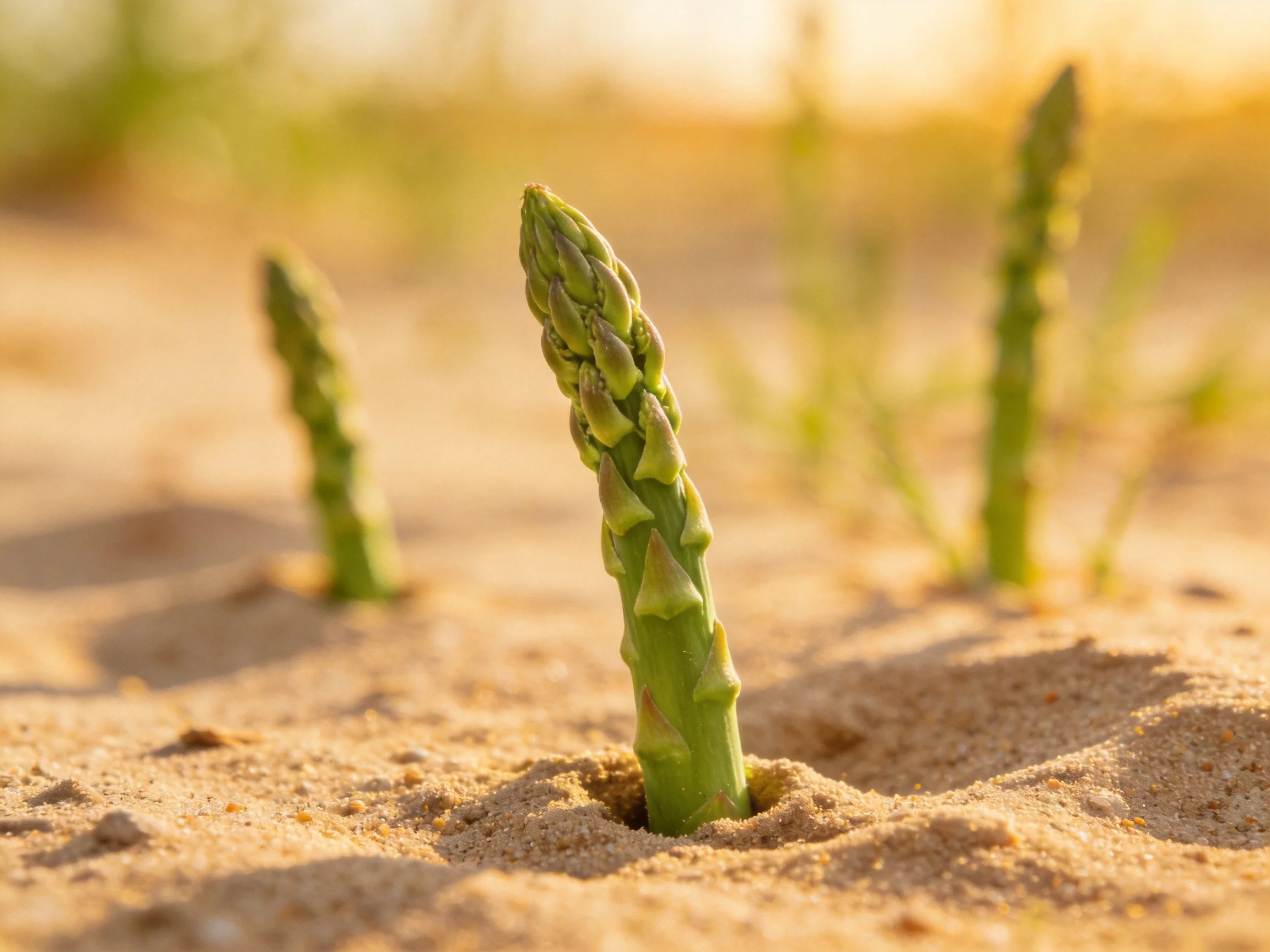 Three green asparagus spears emerging from sandy ground in golden sunlight
