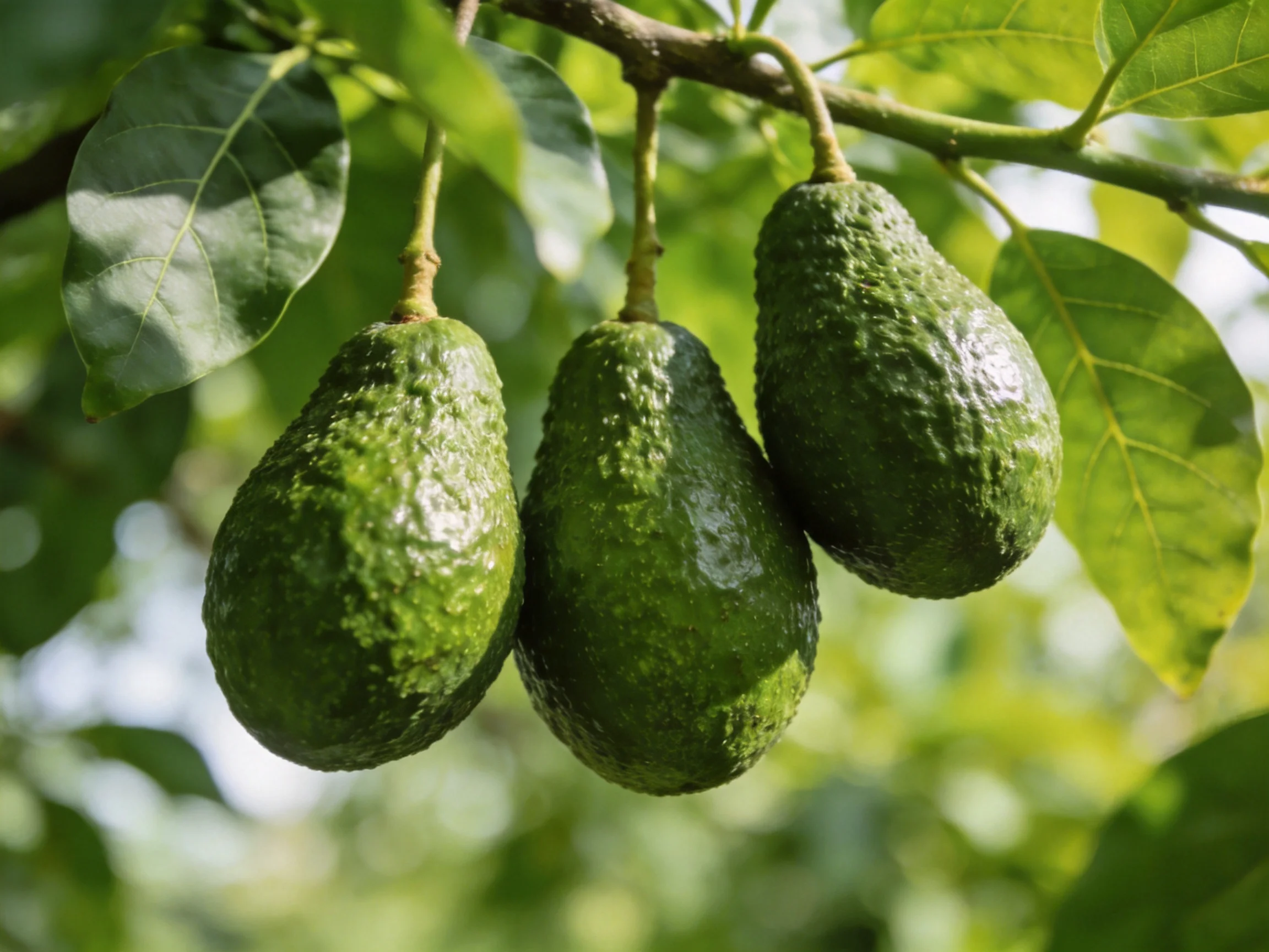 Three green avocados hang from a leafy tree branch