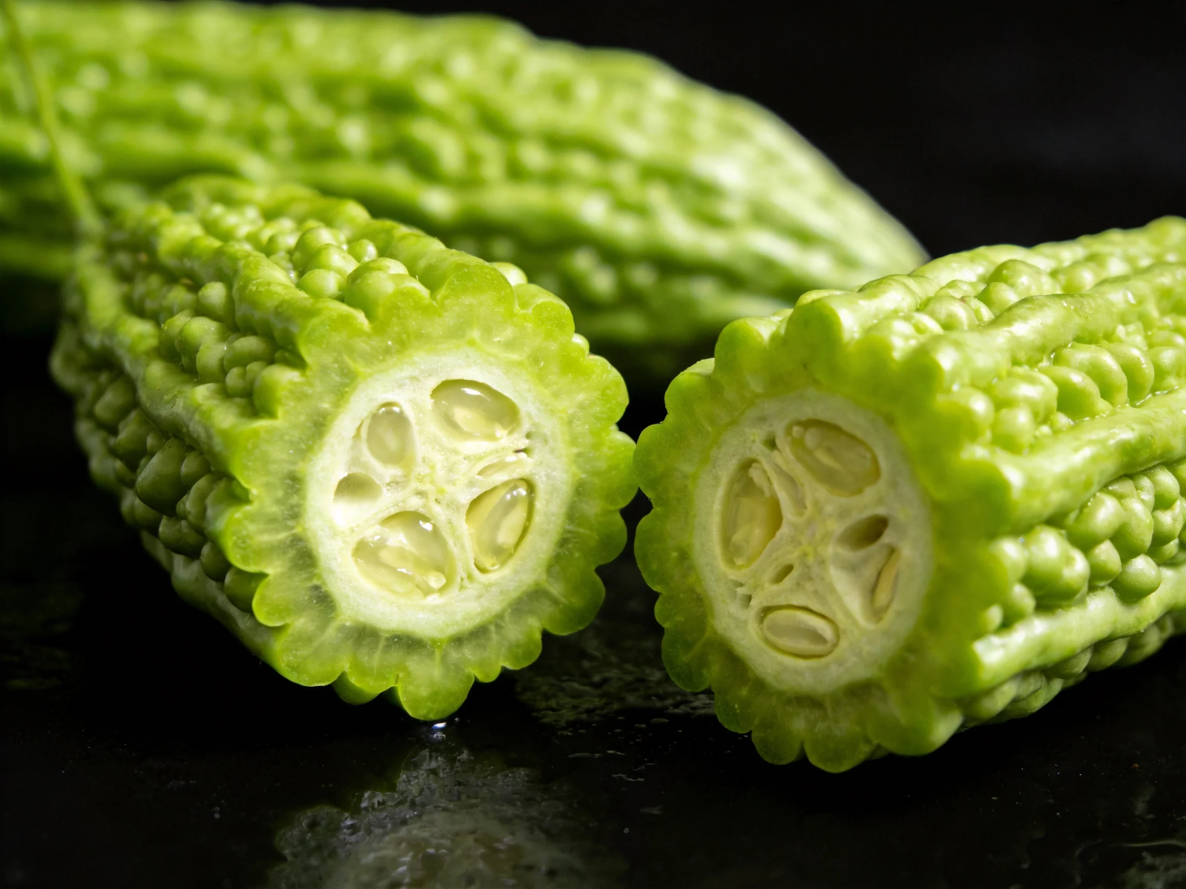 Three green bitter gourds, two sliced open revealing seeds