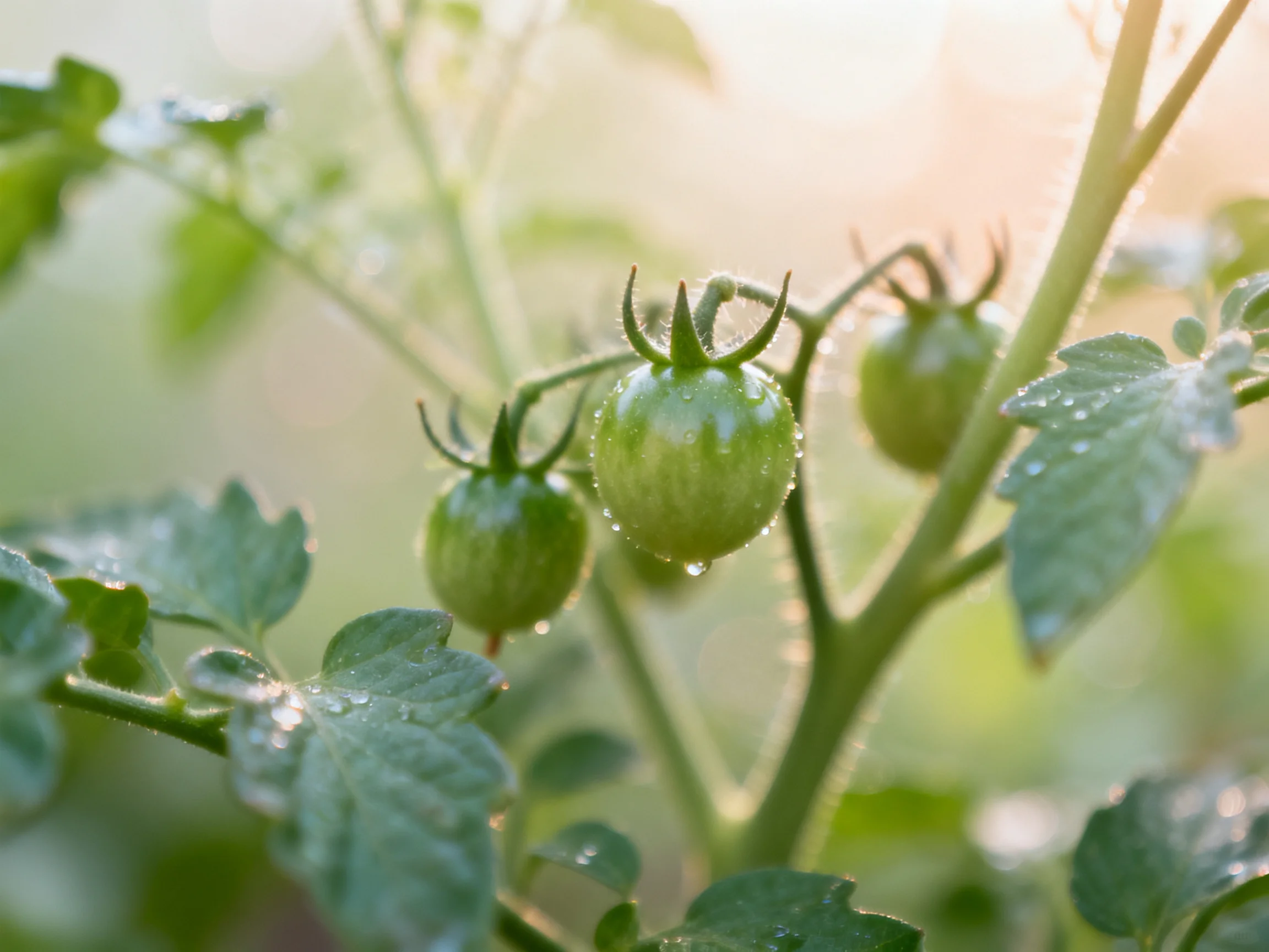 Three green cherry tomatoes with dew drops on a leafy vine