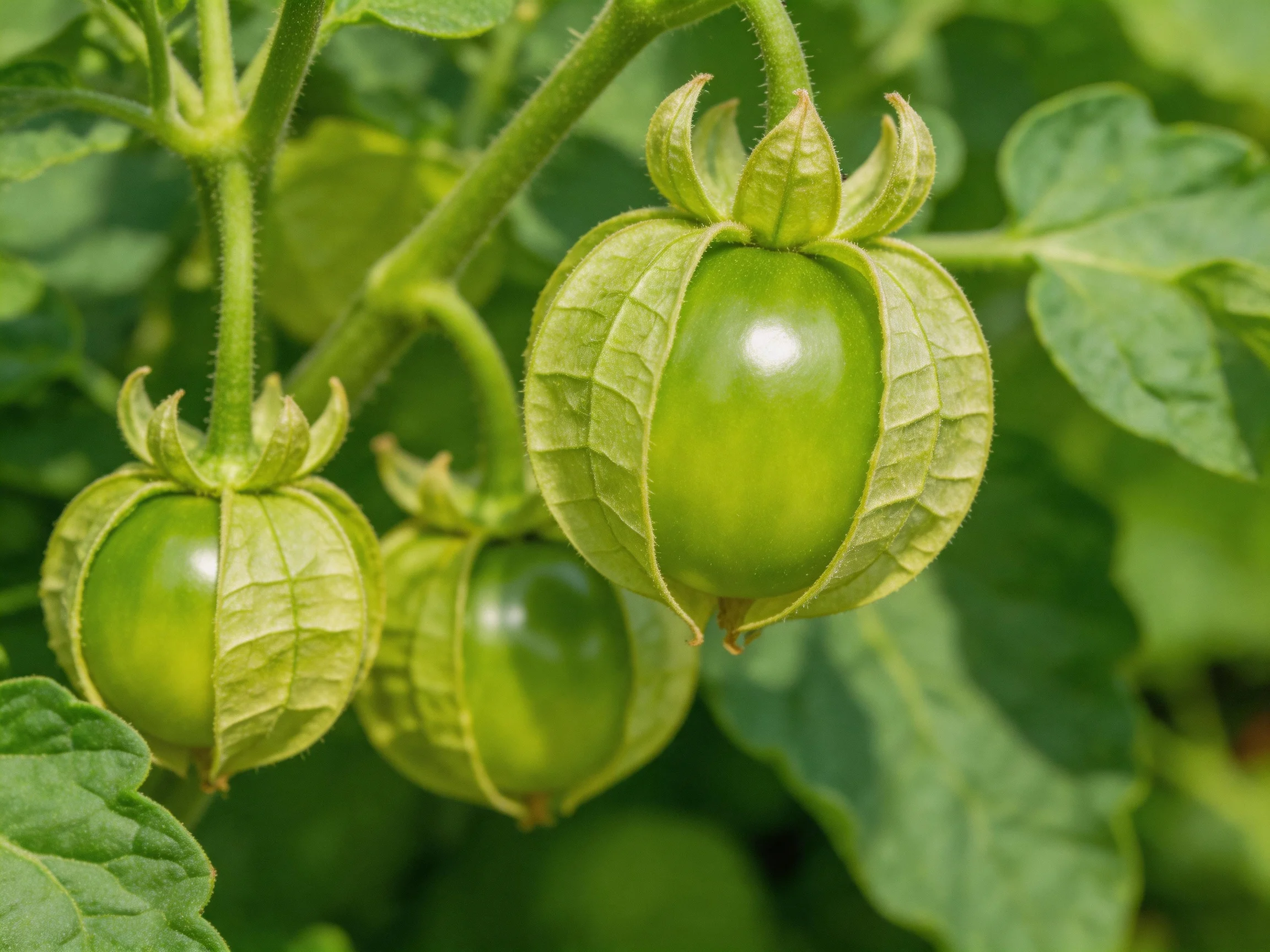 Three green physalis fruits with papery husks on a leafy plant