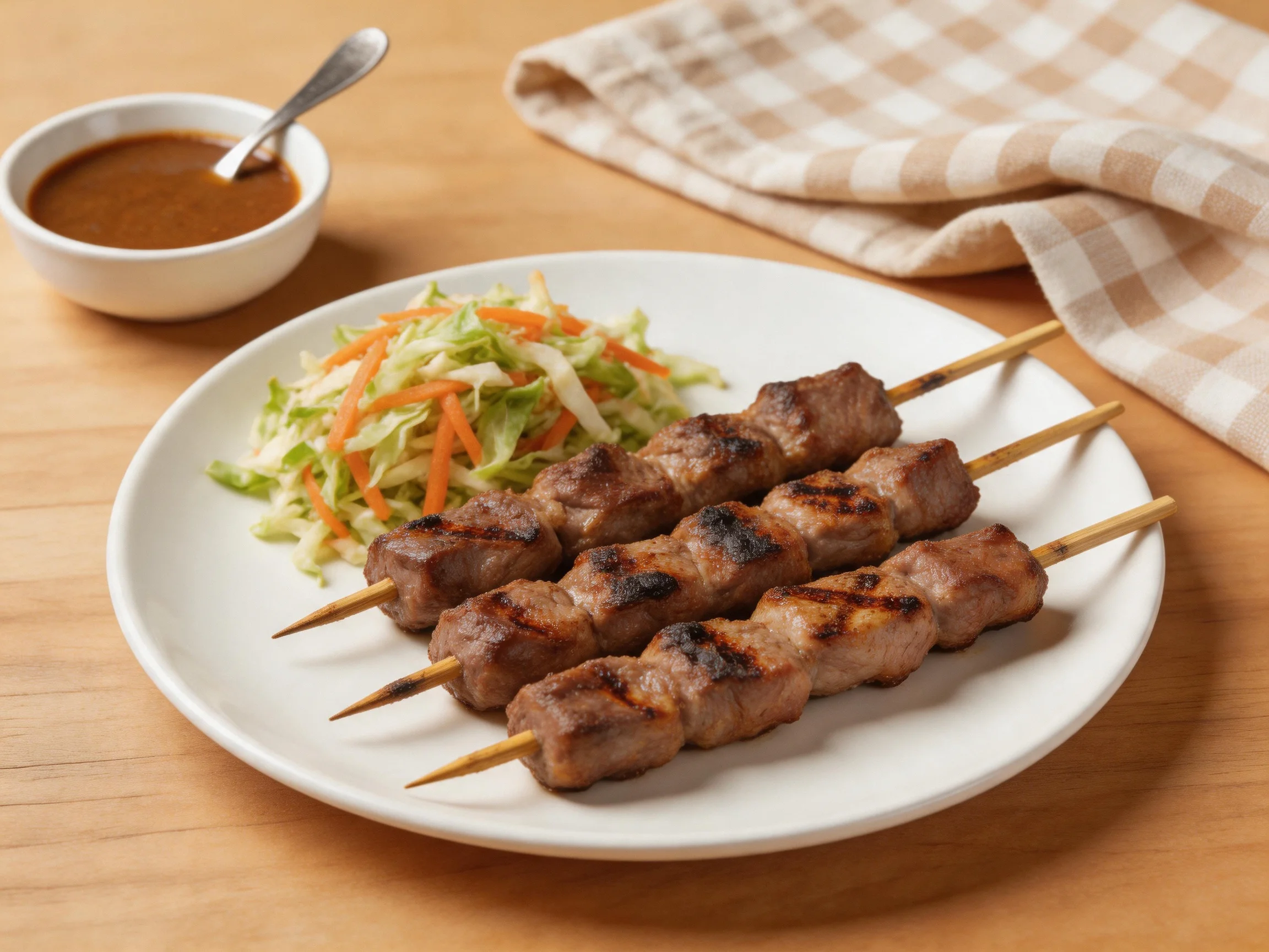 Three grilled beef skewers with coleslaw and dipping sauce