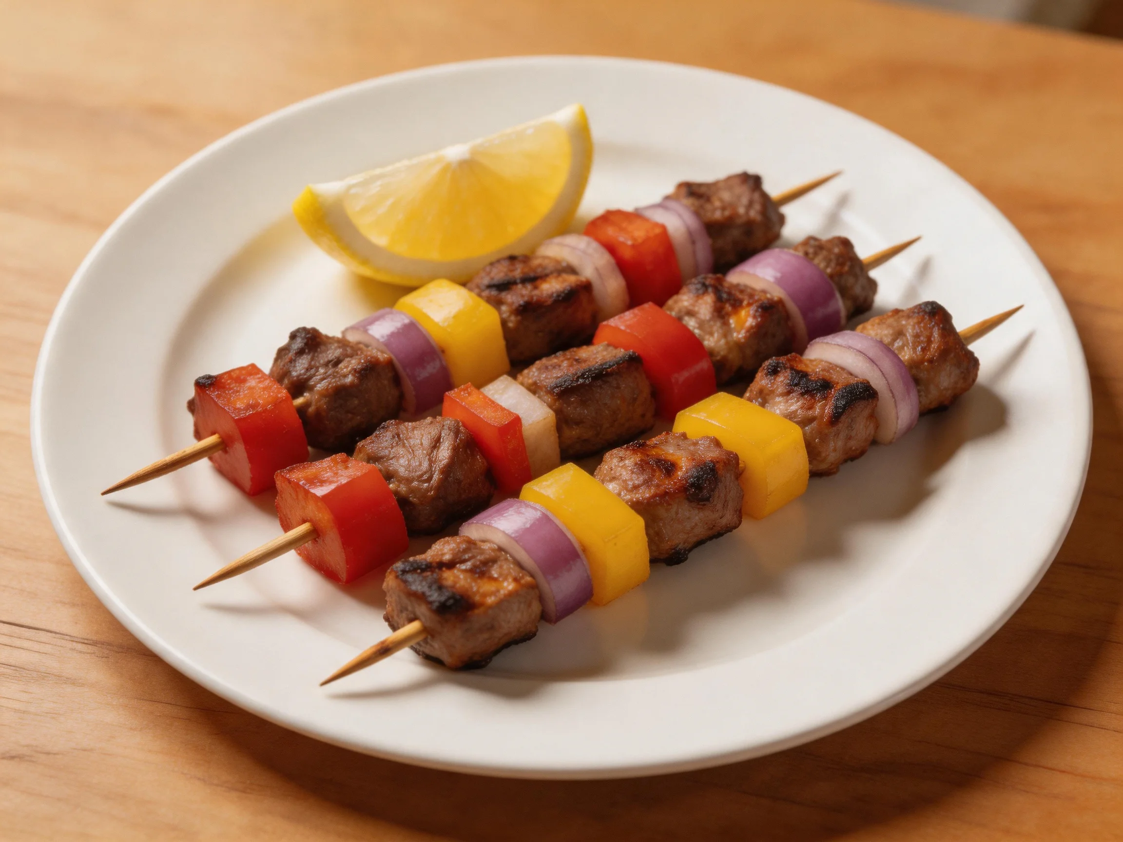 Three grilled meat and vegetable skewers with lemon on a white plate