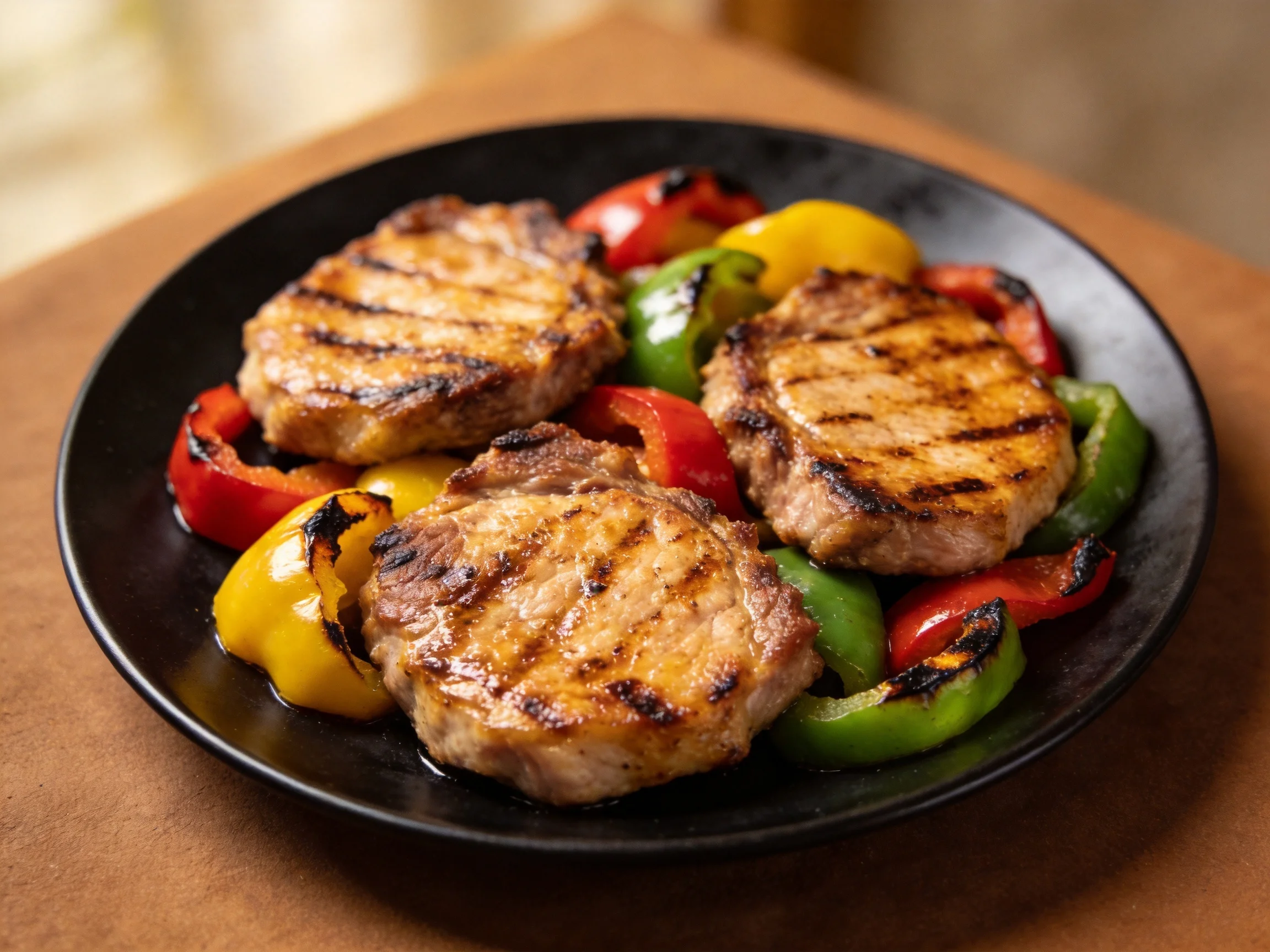 Three grilled pork chops with red, yellow, green bell peppers on a black plate
