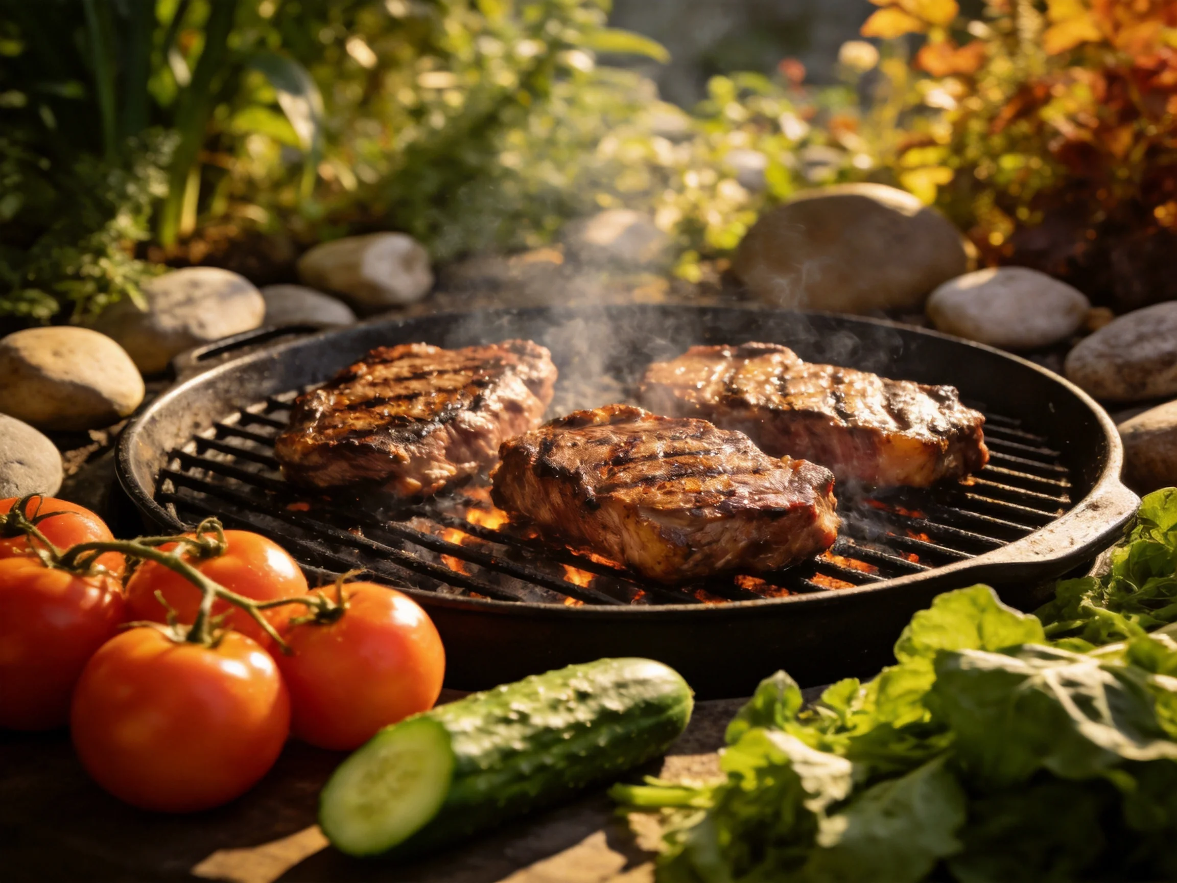 Three grilled steaks cook on a cast iron pan with fresh vegetables nearby