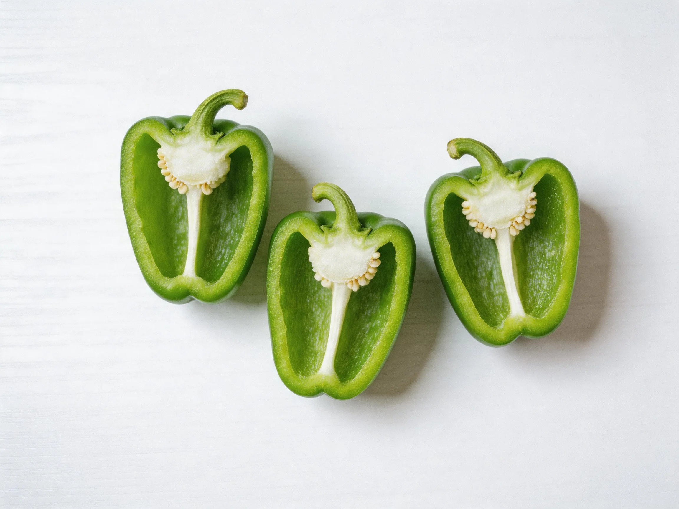 Three halved green bell peppers arranged on a white surface