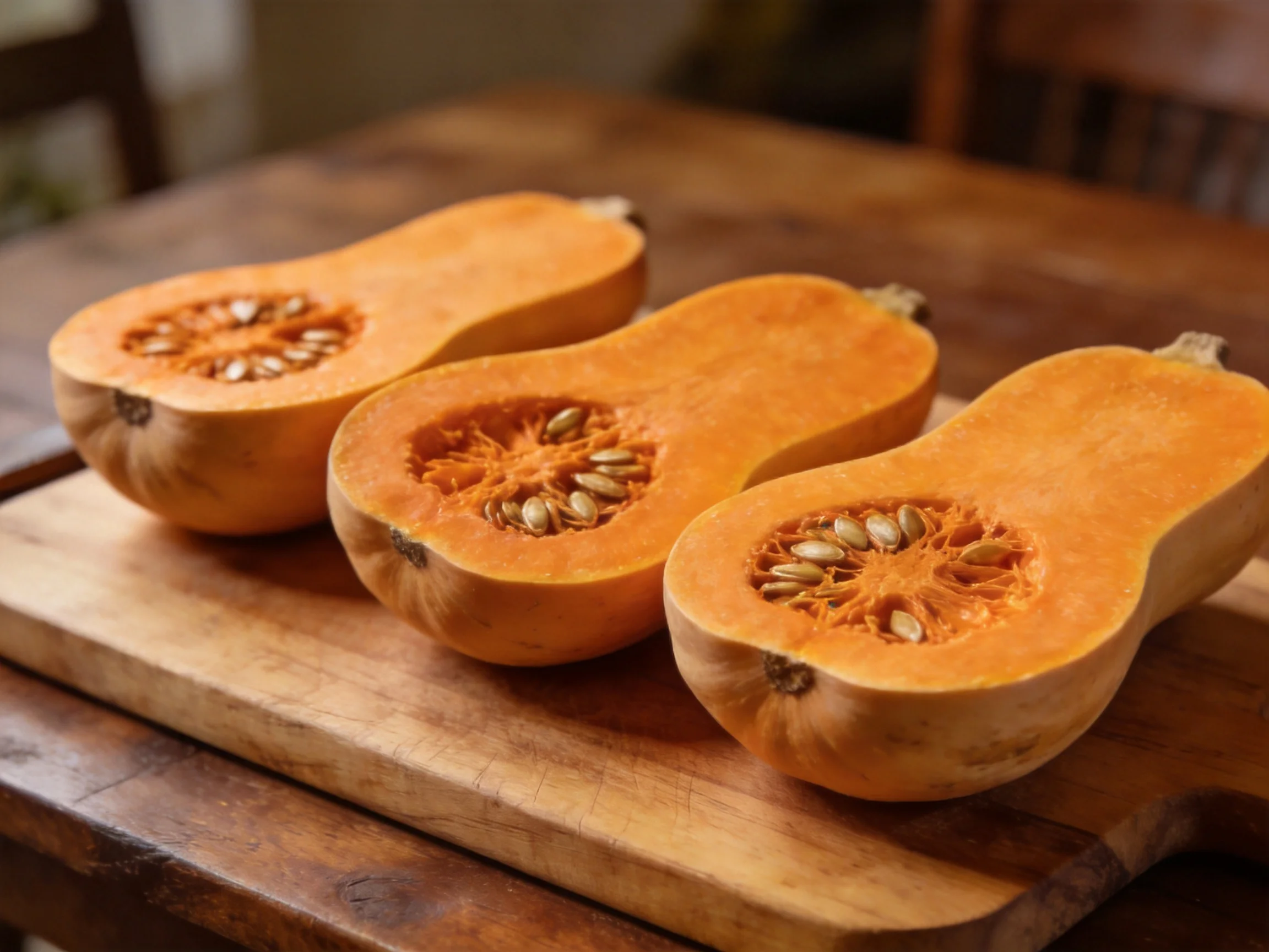 Three halved orange butternut squashes on a wooden cutting board