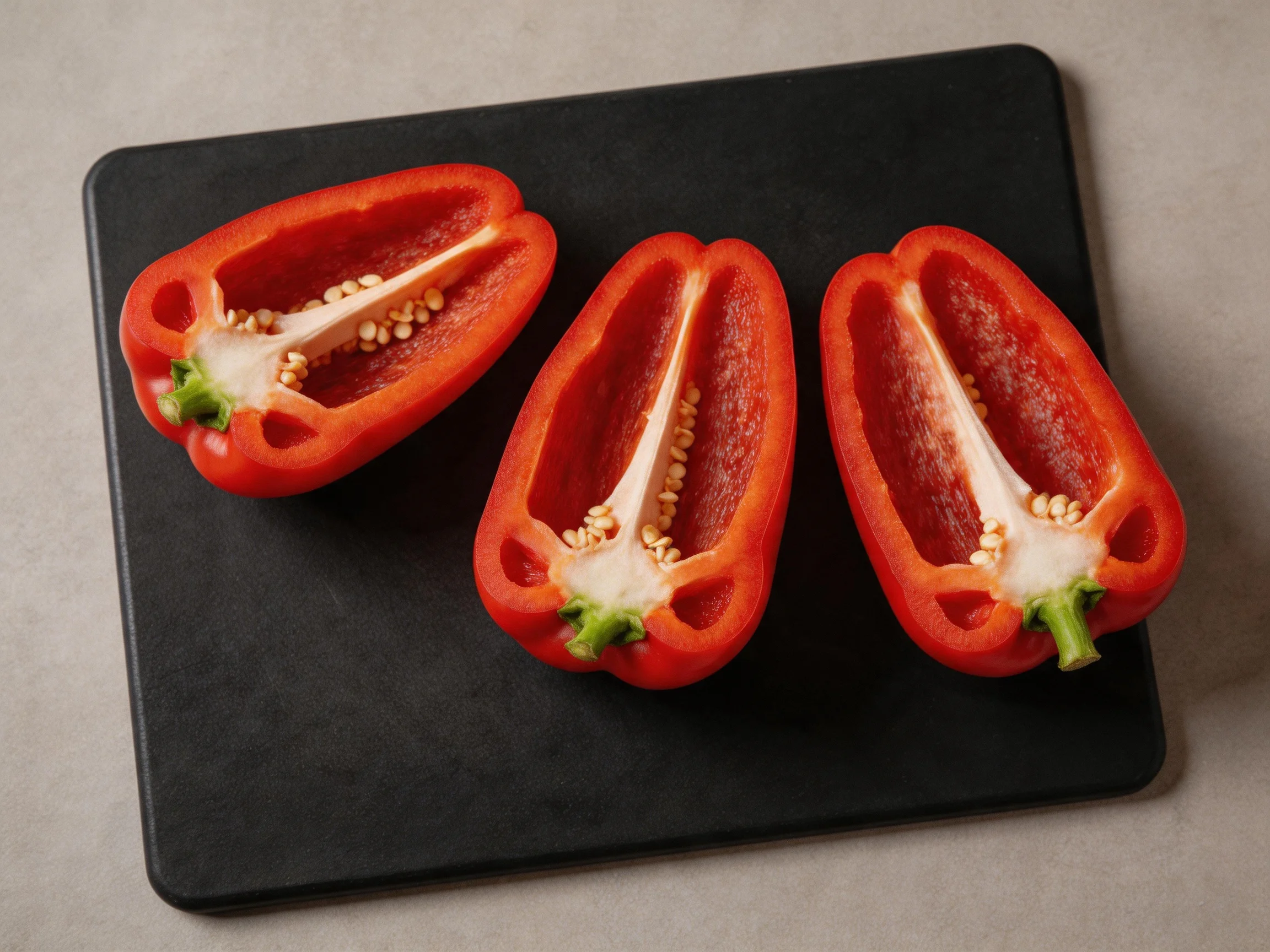 Three halved red bell peppers arranged on a black cutting board