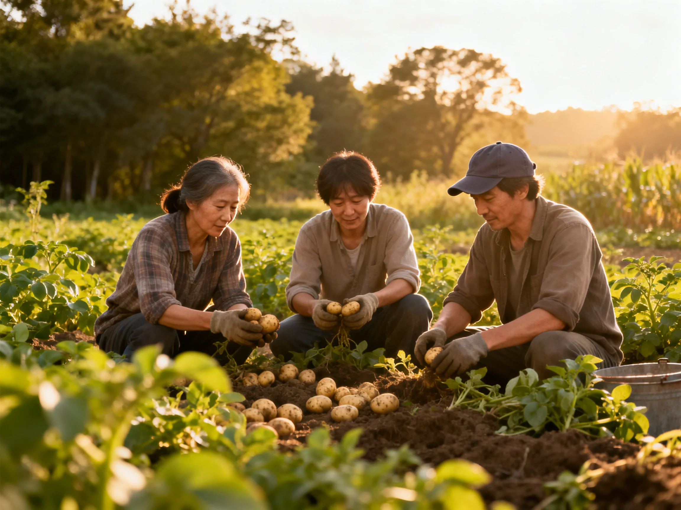 Three individuals harvesting potatoes in a sun-drenched agricultural field