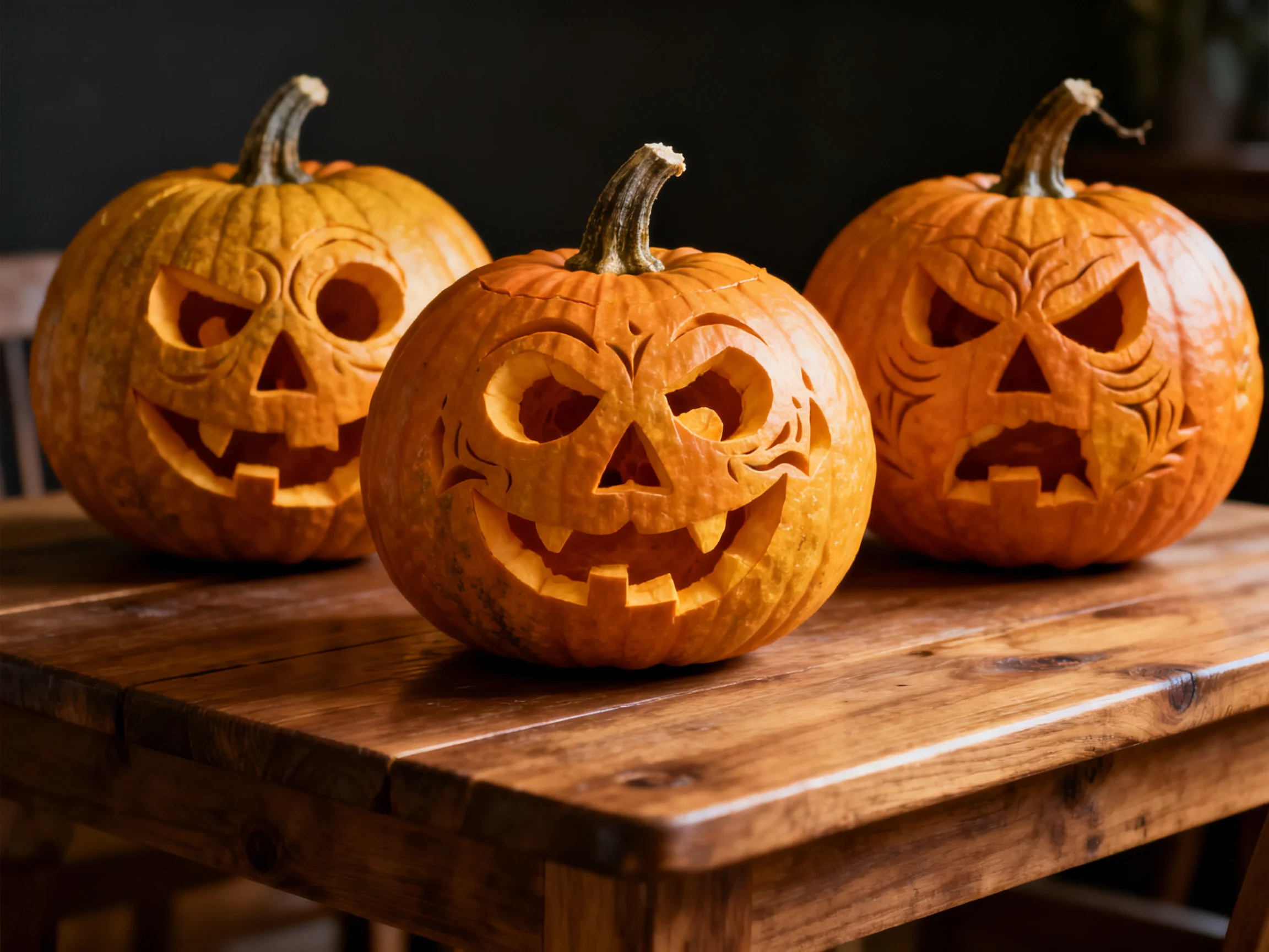 Three intricately carved orange jack-o-lanterns sit atop a rustic wooden table.