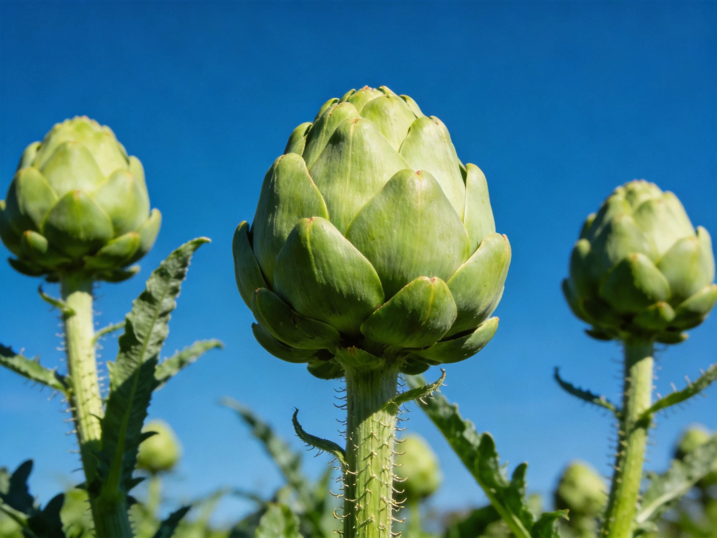 Three large green artichoke buds with spiky stems under clear blue sky
