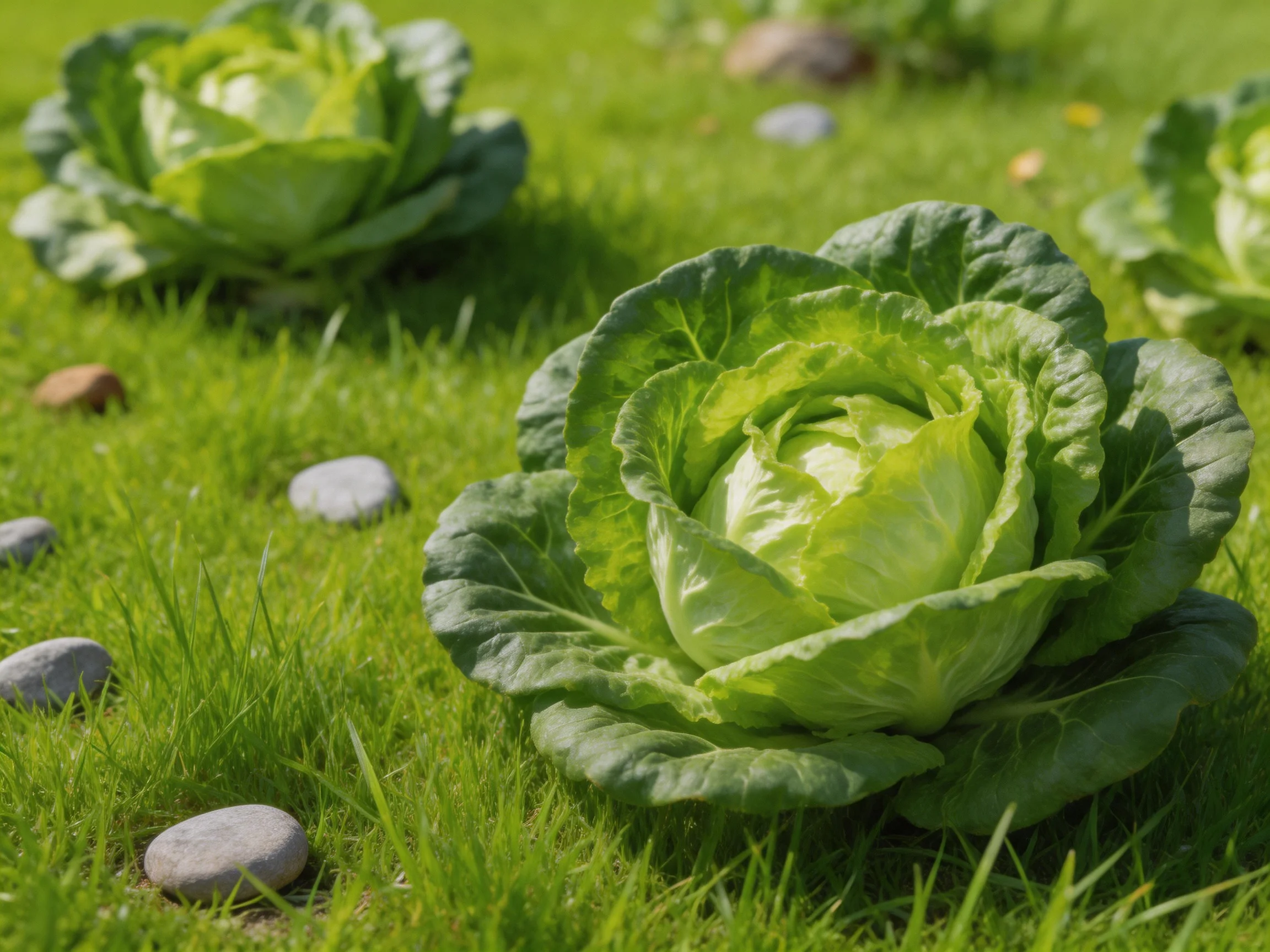 Three large green cabbages in a grassy field with scattered stones