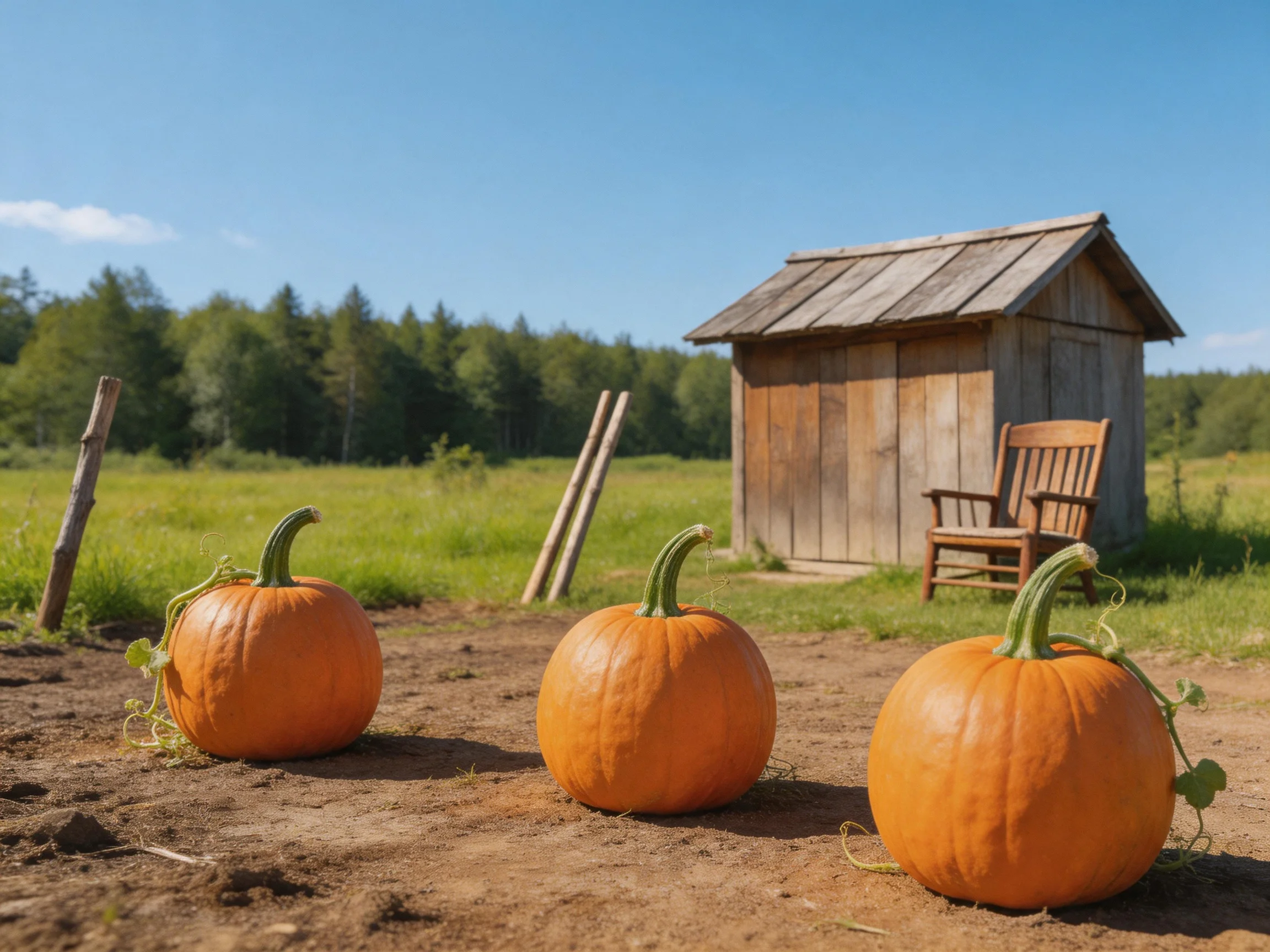 Three large orange pumpkins sit before weathered wooden shed under clear blue sky