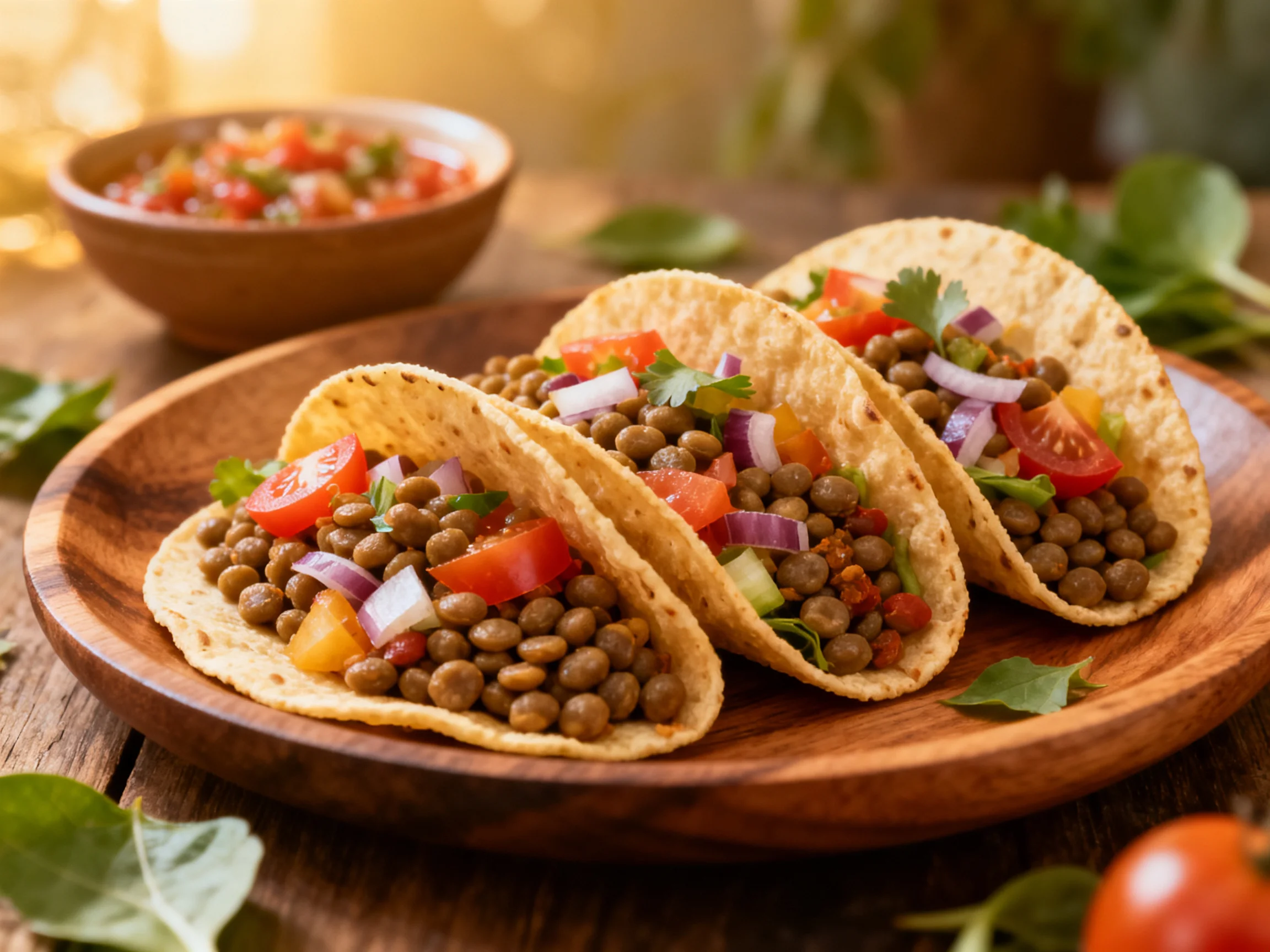Three lentil-filled corn tacos with fresh vegetable toppings on wooden platter