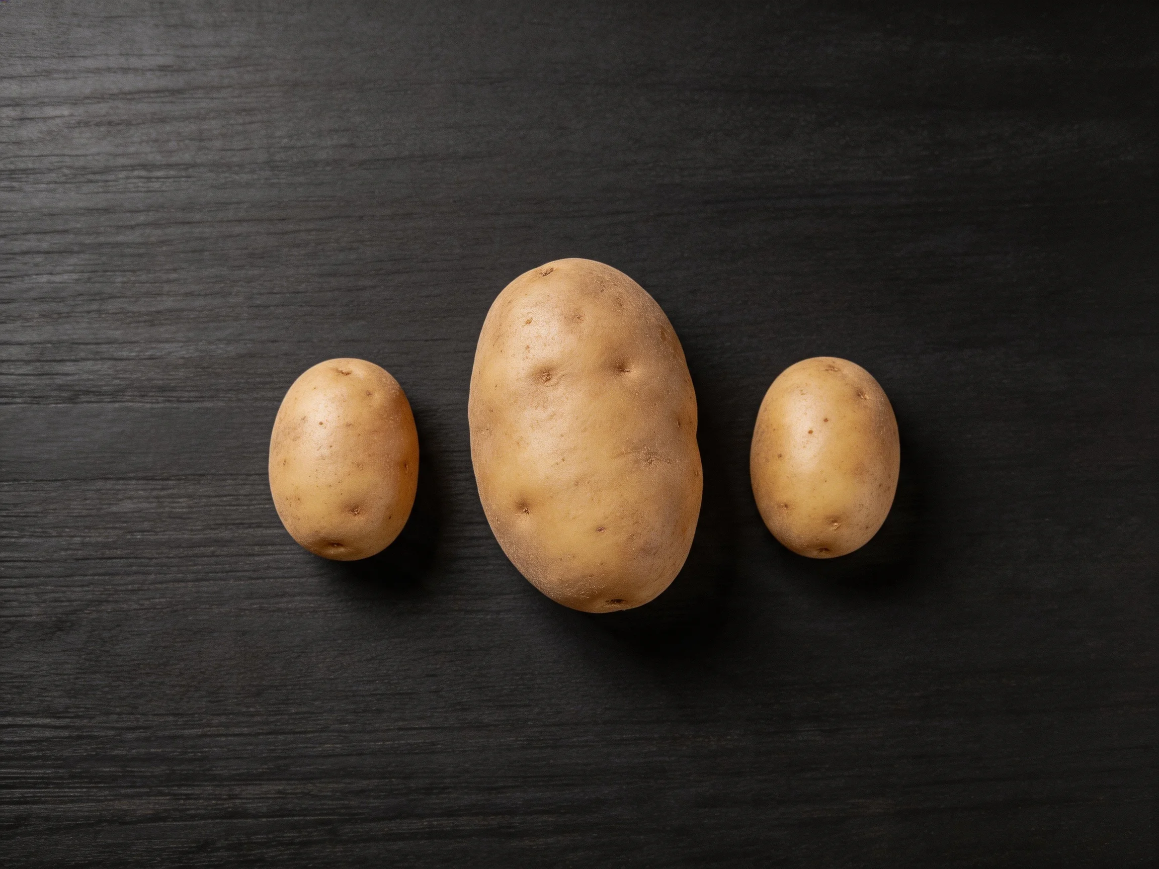 Three light brown potatoes arranged symmetrically on a dark wooden surface