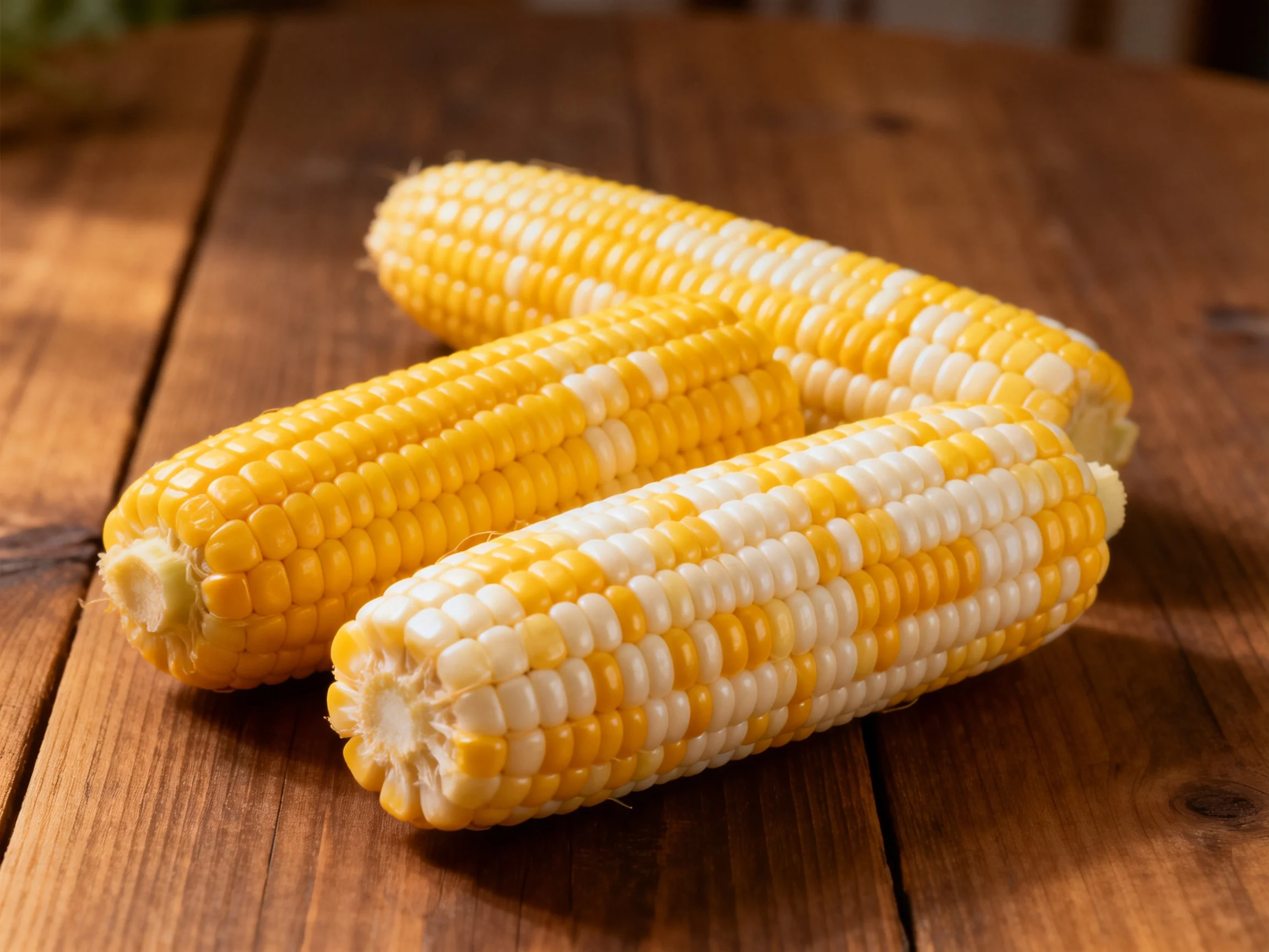 Three multicolored corn cobs rest on a rustic wooden table
