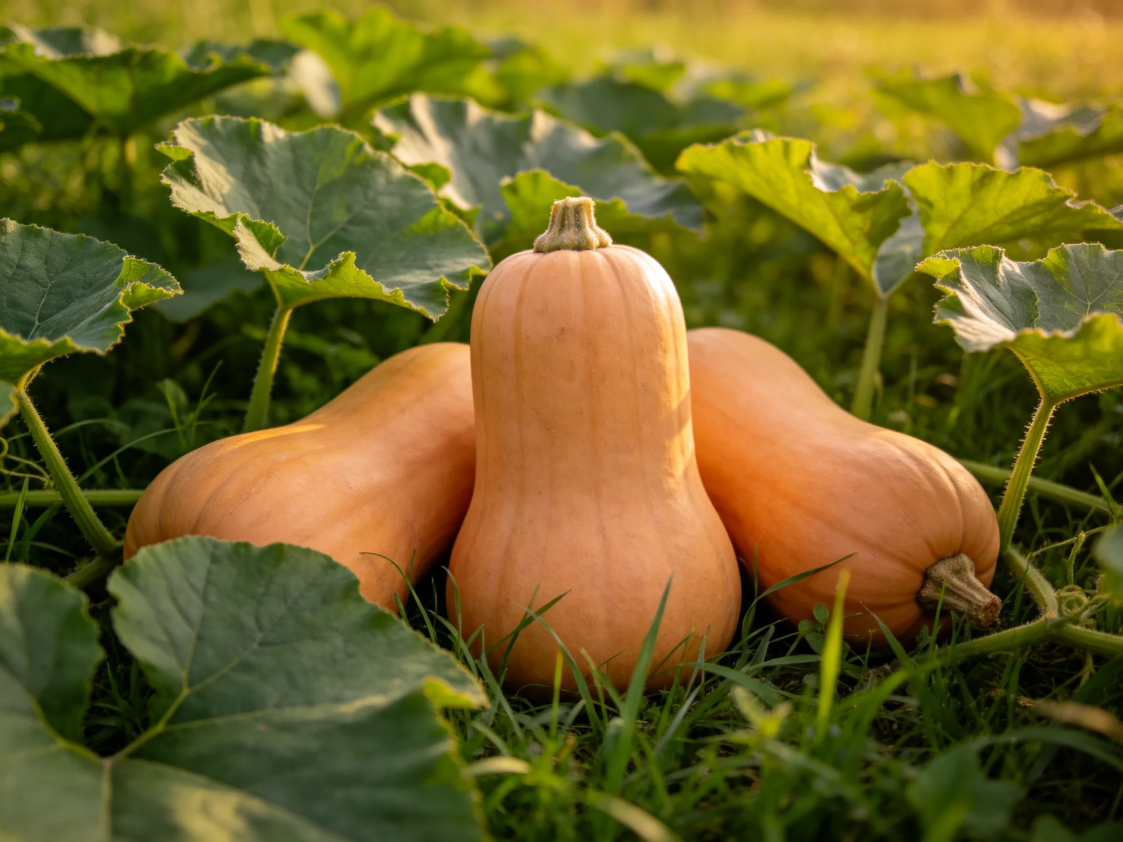 Three orange butternut squashes nestled among lush green foliage